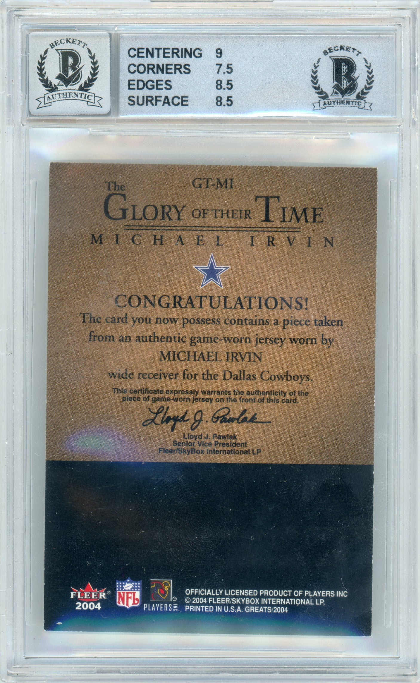 2004 Fleer Greats Glory of Their Time Gold #GT-MI Michael Irvin Cowboys Game Used Relic BGS 8 Auto 10