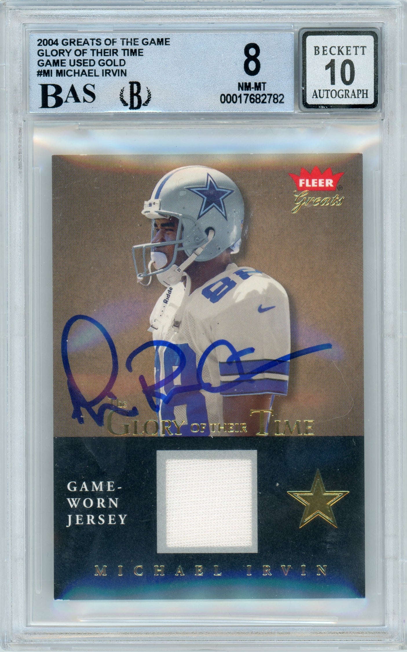 2004 Fleer Greats Glory of Their Time Gold #GT-MI Michael Irvin Cowboys Game Used Relic BGS 8 Auto 10