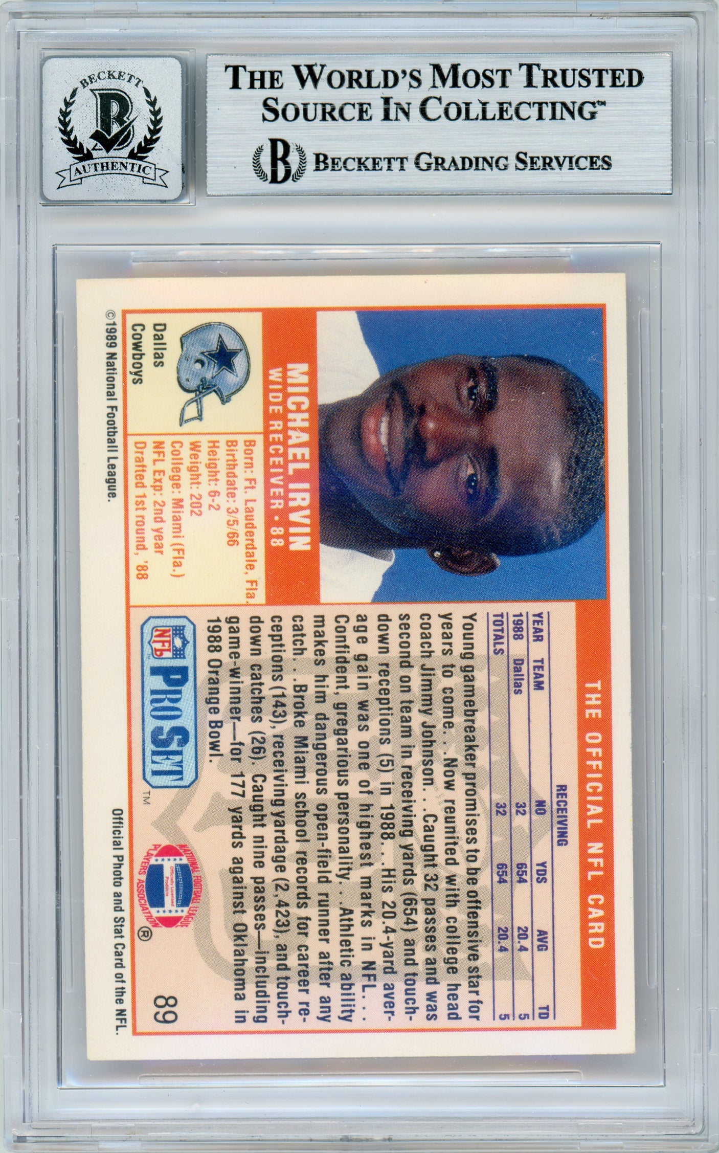 1989 Pro Set #89 Michael Irvin Dallas Cowboys BGS Autograph 10