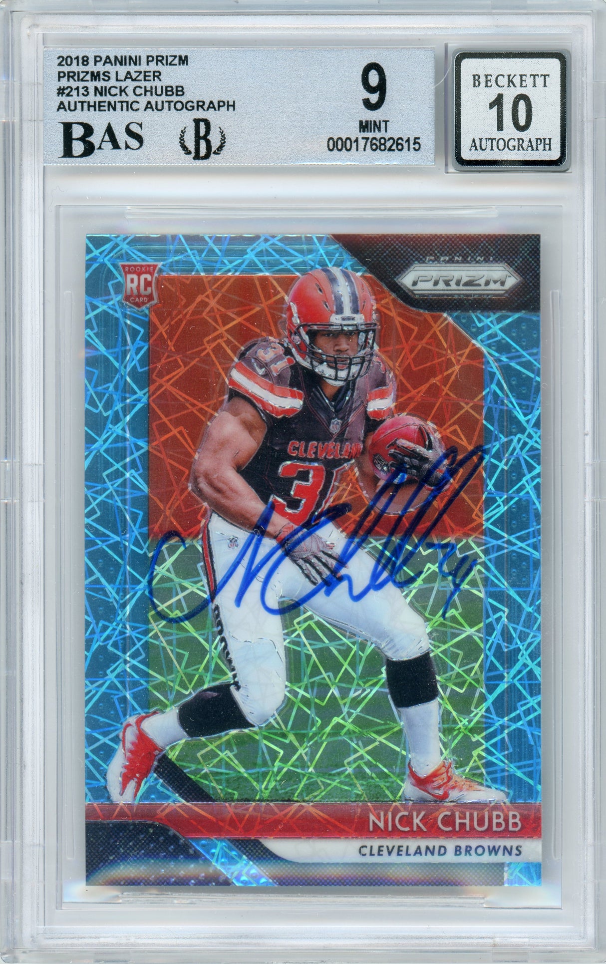 2018 Panini Prizm Blue Lazer #213 Nick Chubb RC Browns BGS 9 Autograph 10
