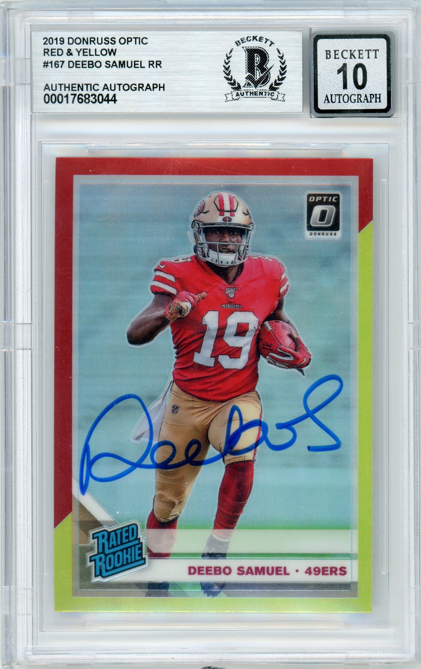 2019 Donruss Optic Red & Yellow Holo RR #167 Deebo Samuel RC 49ers BGS Auto 10