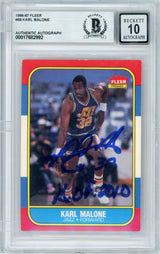 1986-87 Fleer #68 Karl Malone RC w/ "HOF" Insc. Utah Jazz BGS Autograph 10
