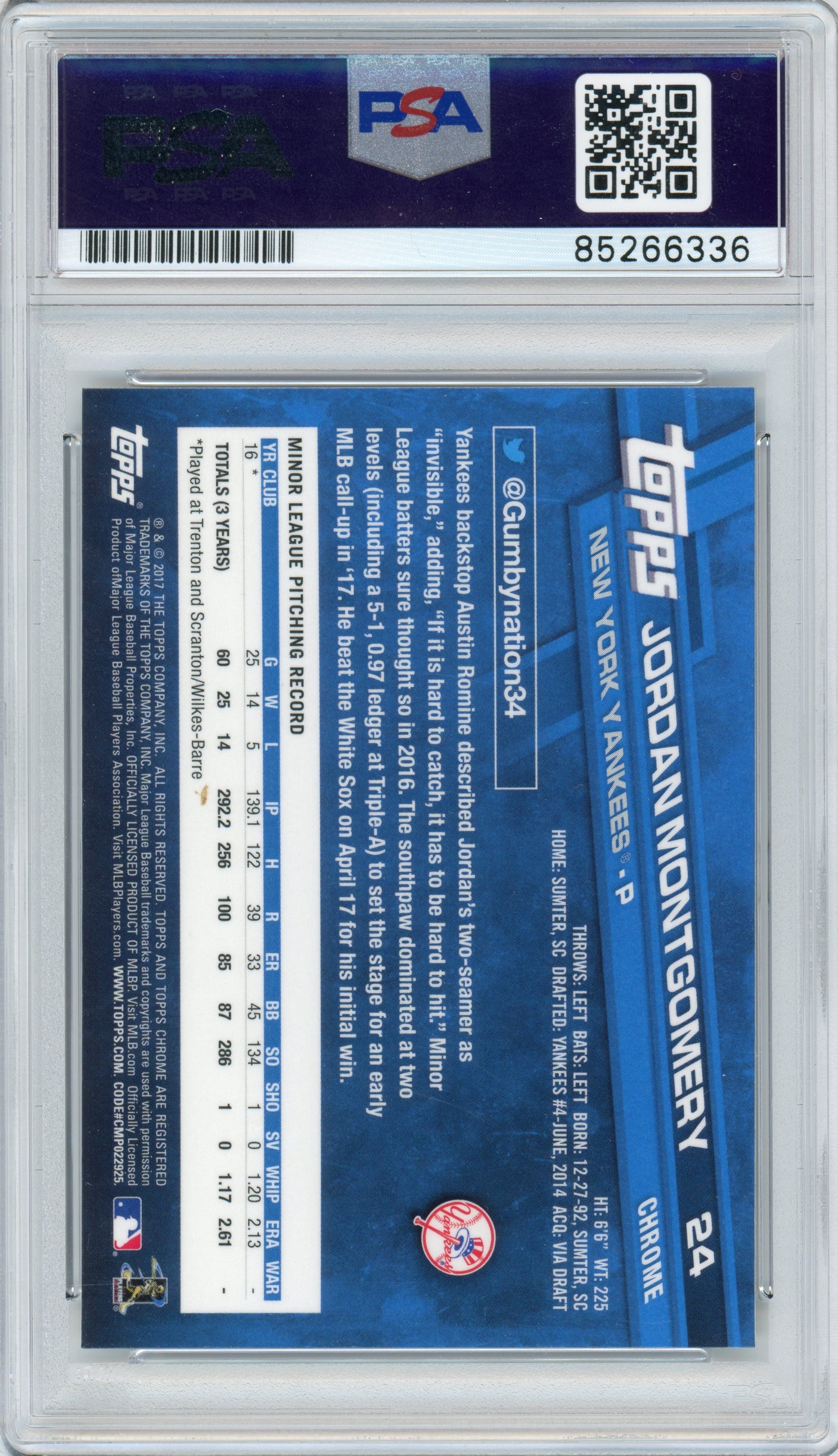 2017 Topps Chrome #24 Jordan Montgomery RC Yankees PSA Autograph