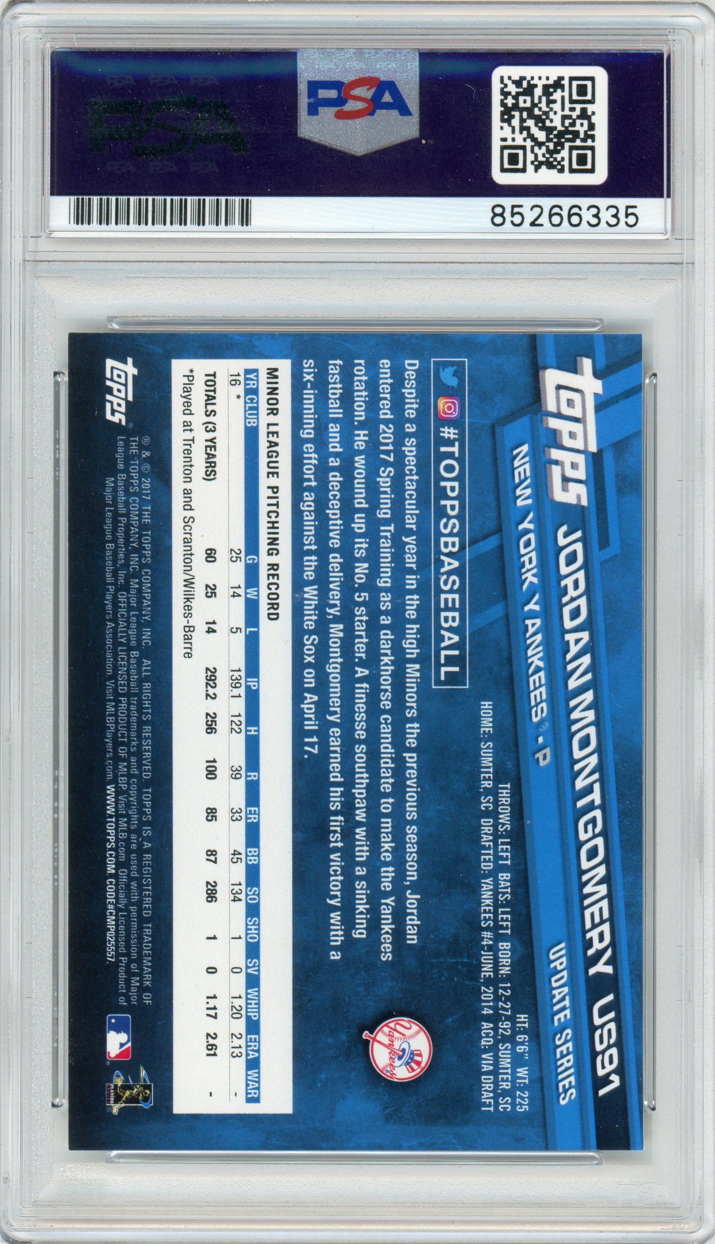 2017 Topps Update #US91 Jordan Montgomery RC Yankees PSA Autograph