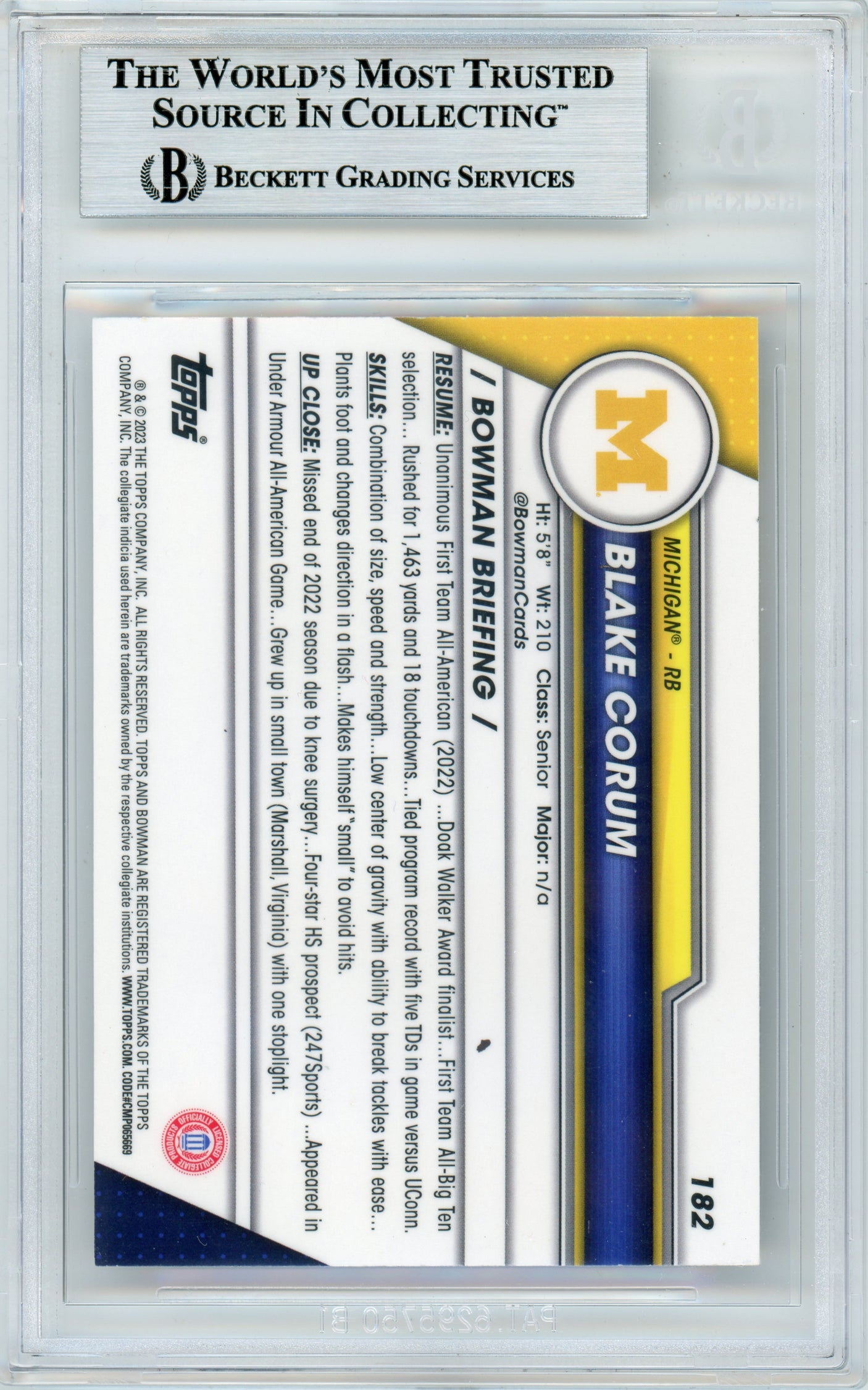 2023 Bowman Chrome U #182 Blake Corum Michigan BGS Autograph