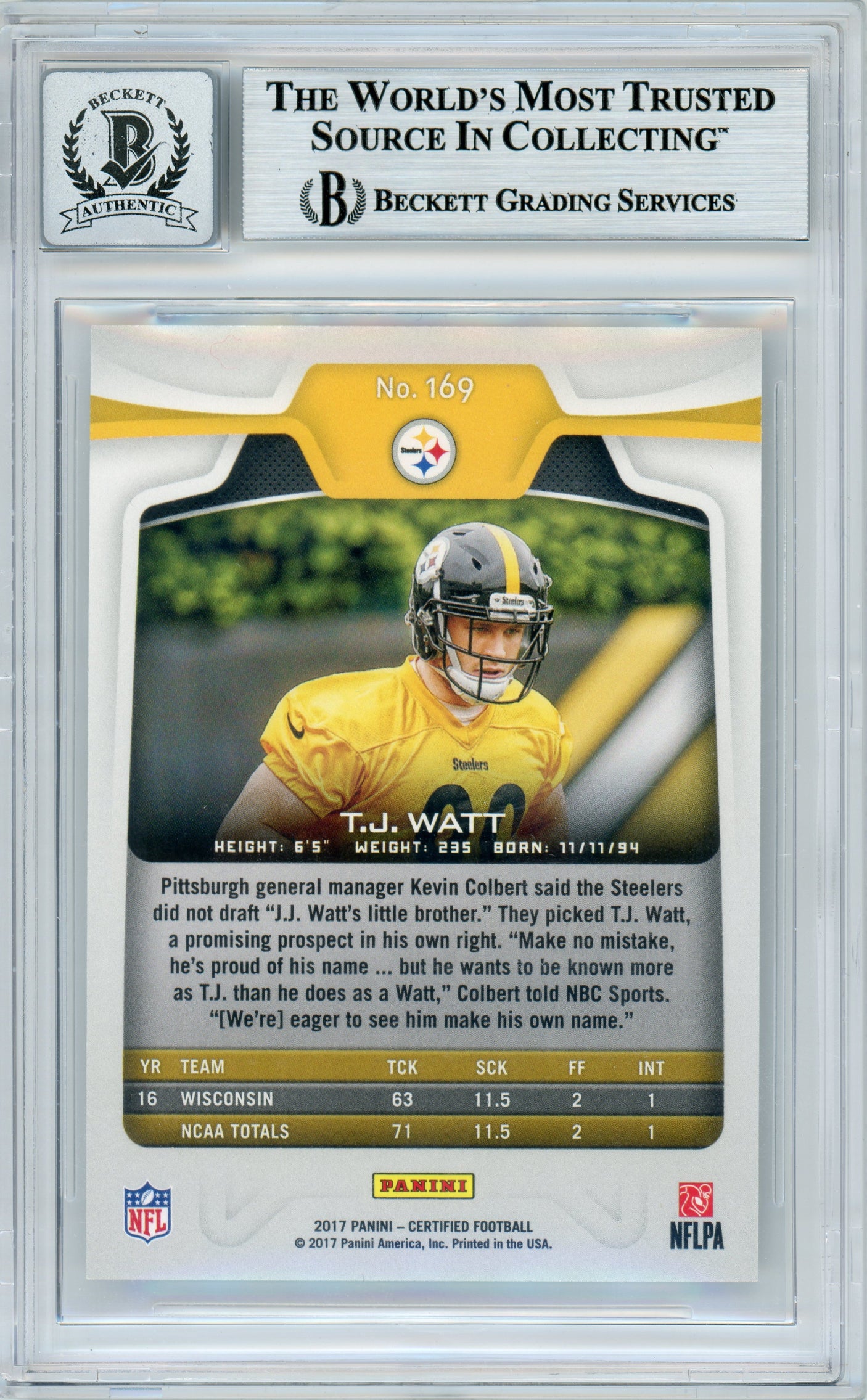 2017 Certified #169 T.J. Watt RC /999 Pittsburgh Steelers BGS Autograph 10