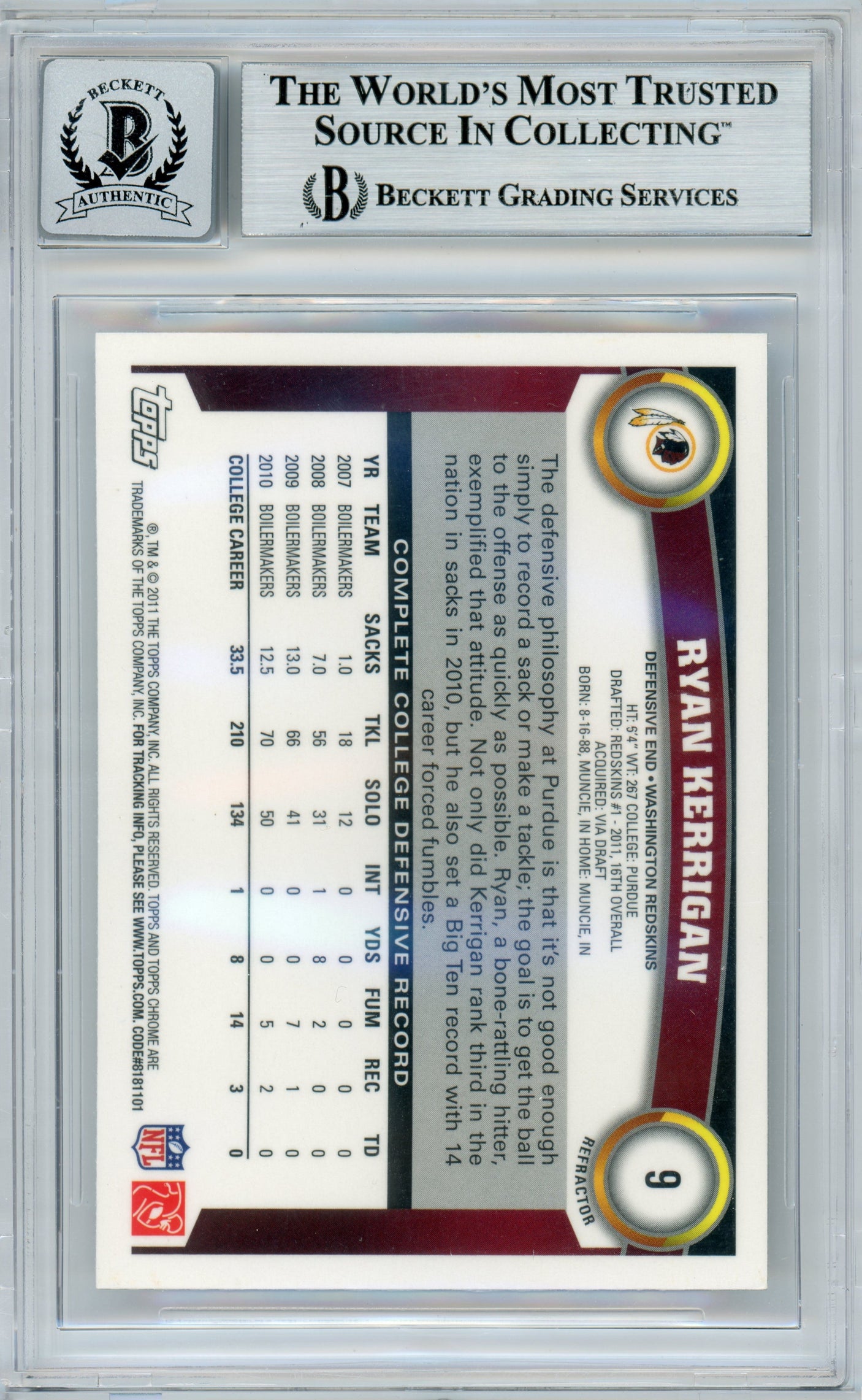 2011 Topps Chrome Refractor #9 Ryan Kerrigan RC Washington BGS Autograph 10