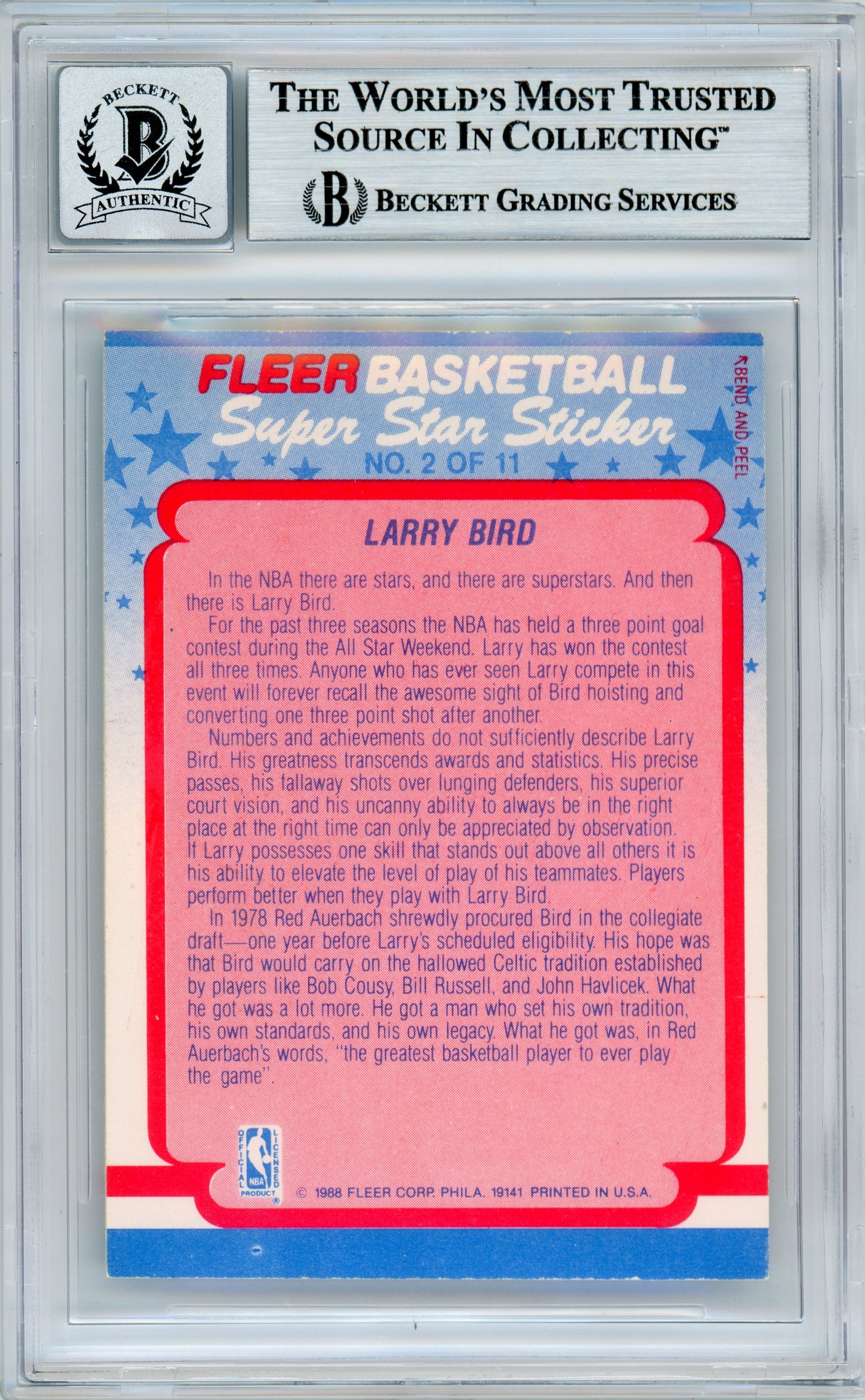 1988-89 Fleer Stickers #2 Larry Bird Celtics BGS Autograph 10