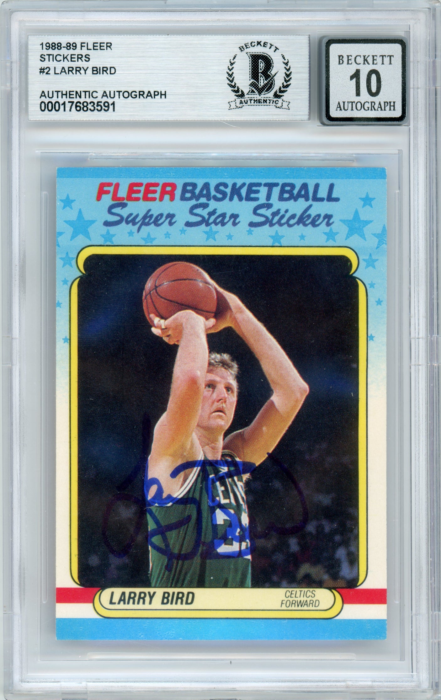 1988-89 Fleer Stickers #2 Larry Bird Celtics BGS Autograph 10