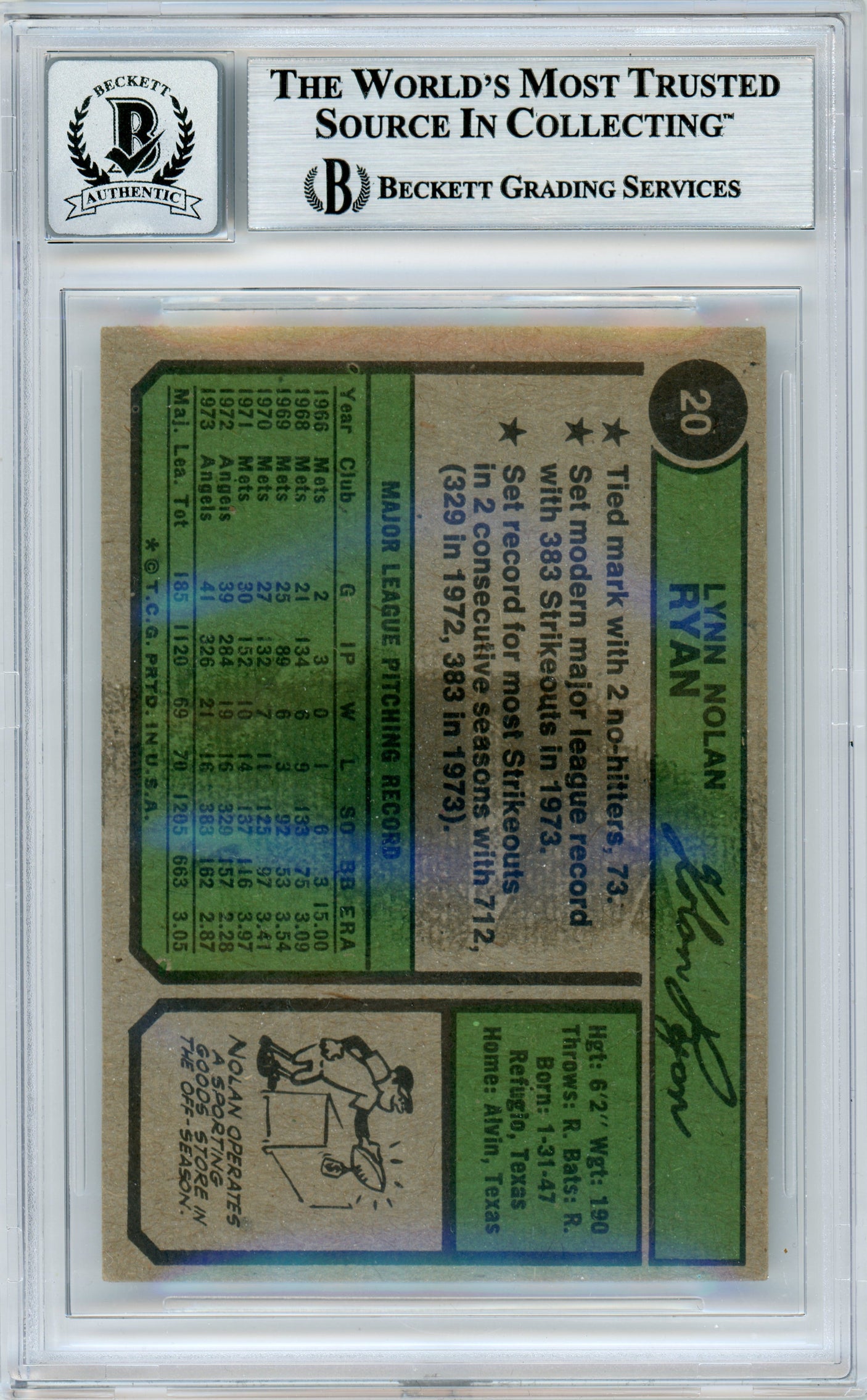1974 Topps #20 Nolan Ryan Angels BGS Autograph 10