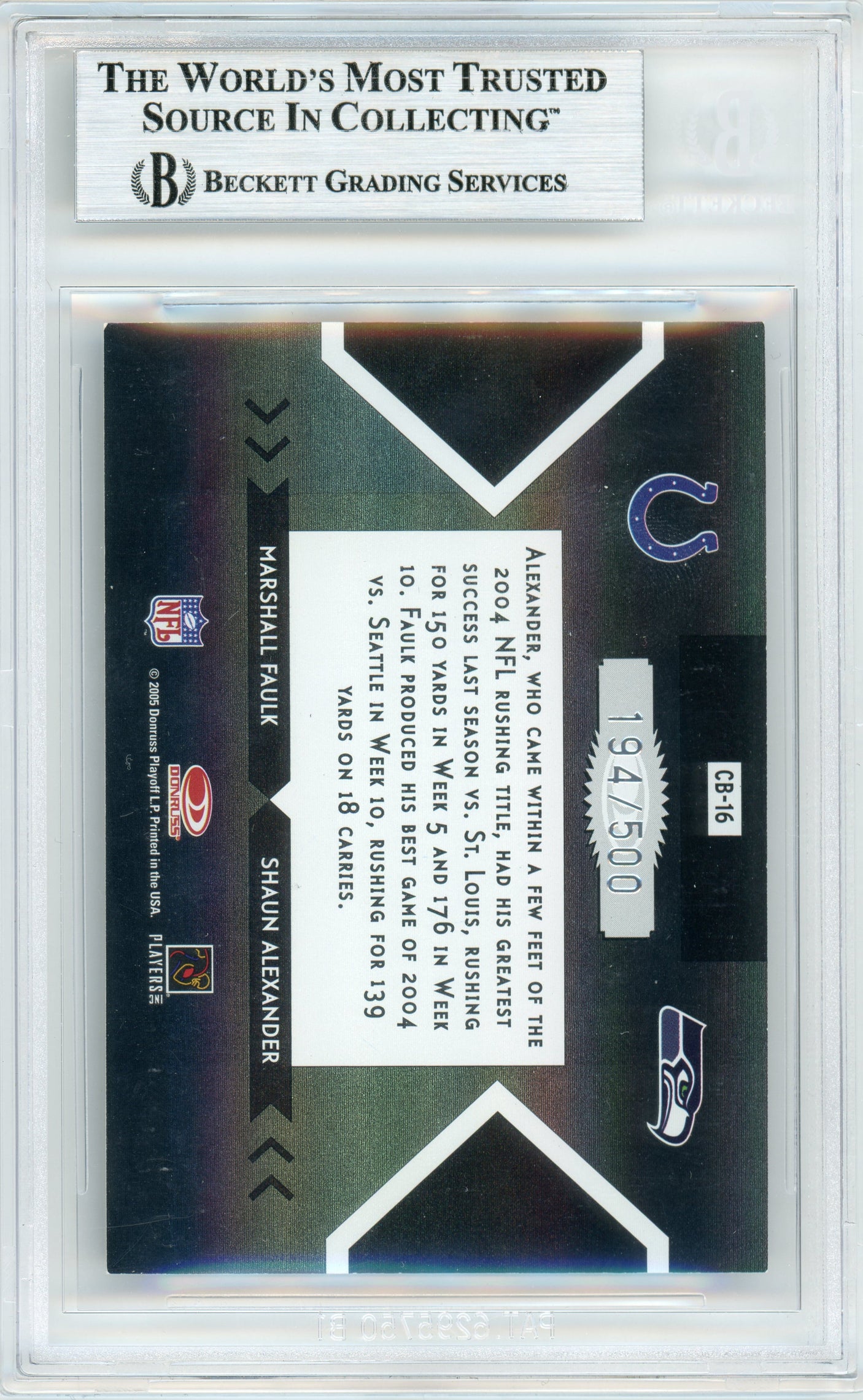 2005 Donruss Elite Face 2 Face Black #CB-16 Marshall Faulk & Shaun Alexander /500 BGS Auto