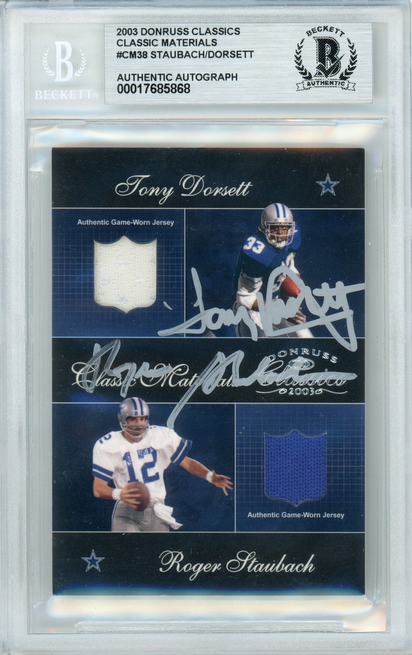 2003 Donruss Classics- Classic Materials #CM38 Staubach & Dorsett /100 Game Used Cowboys BGS Auto