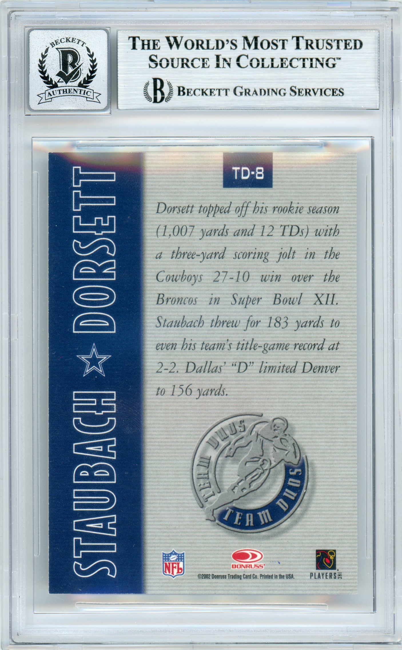 2002 Gridiron Kings Team Duos #TD-8 Roger Staubach & Tony Dorsett Cowboys BGS Autograph 10
