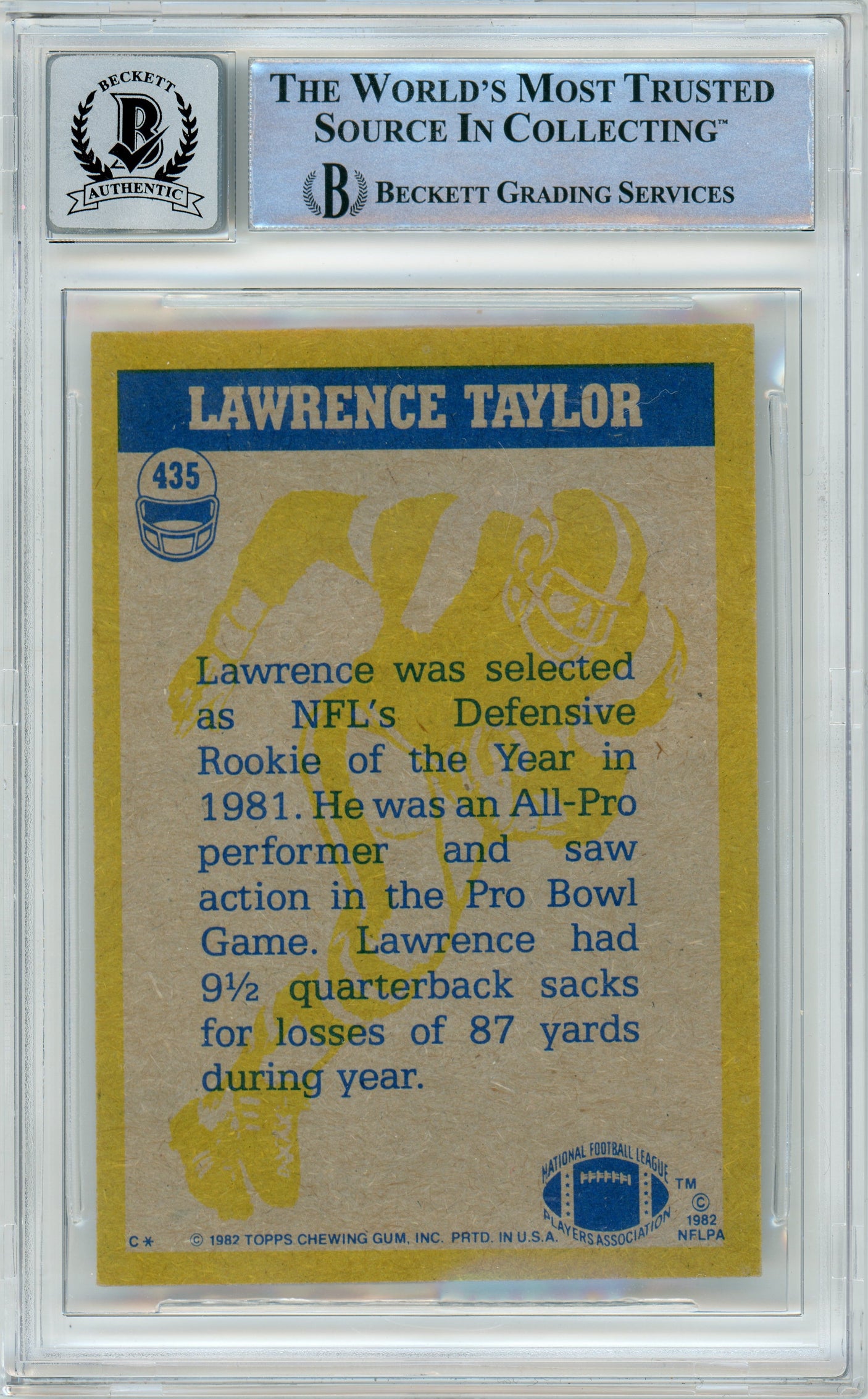 1982 Topps In Action #435 Lawrence Taylor RC w/ "HOF" Insc. Giants BGS Autograph 10