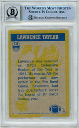 1982 Topps In Action #435 Lawrence Taylor RC w/ "HOF" Insc. Giants BGS Autograph 10