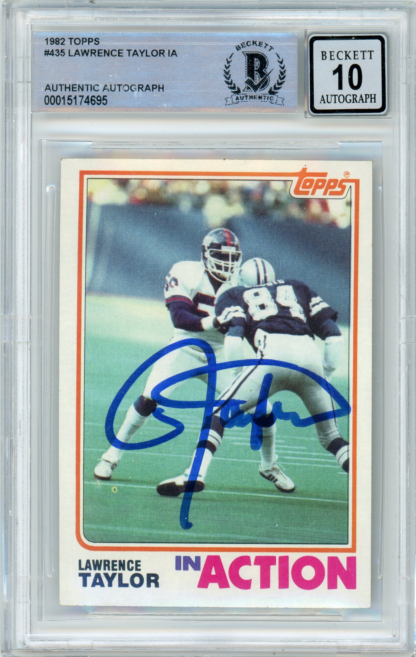 1982 Topps In Action #435 Lawrence Taylor RC Giants BGS Autograph 10