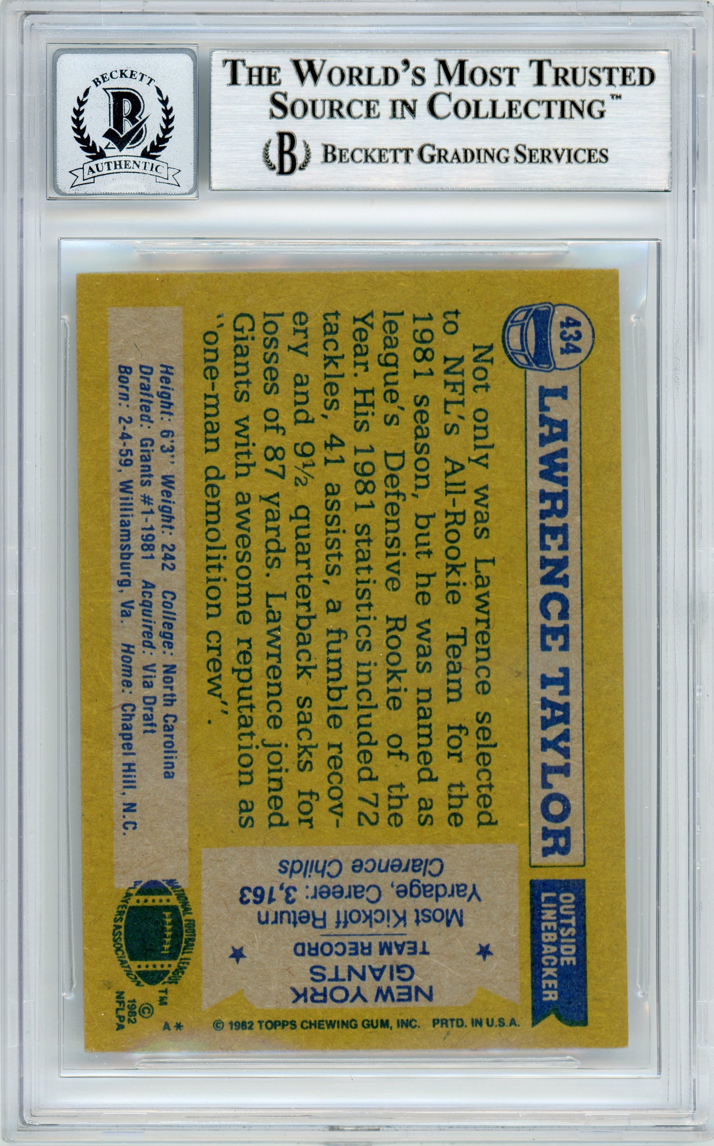 1982 Topps NFC All-Pro #434 Lawrence Taylor RC Giants BGS Autograph 10