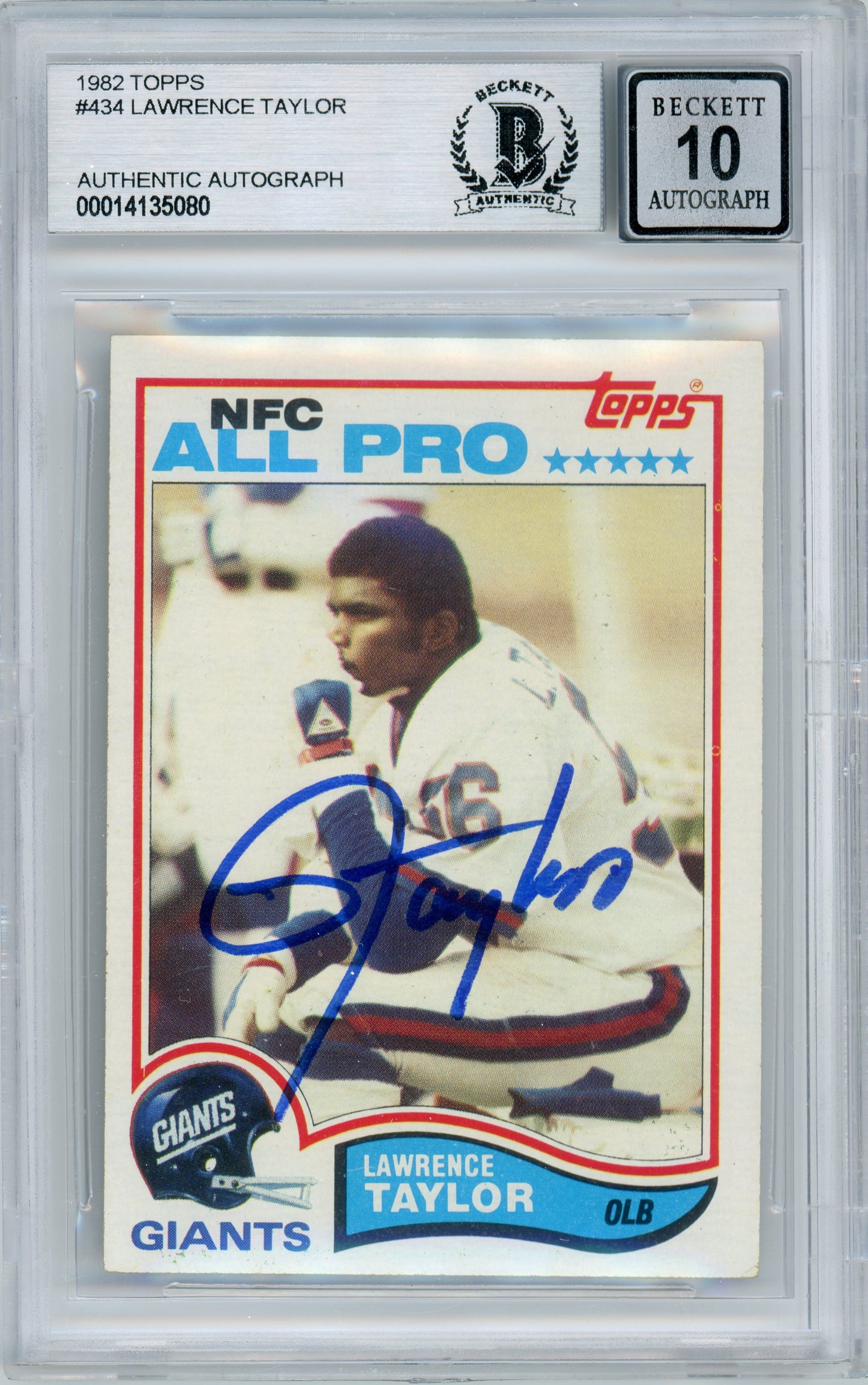 1982 Topps NFC All-Pro #434 Lawrence Taylor RC Giants BGS Autograph 10
