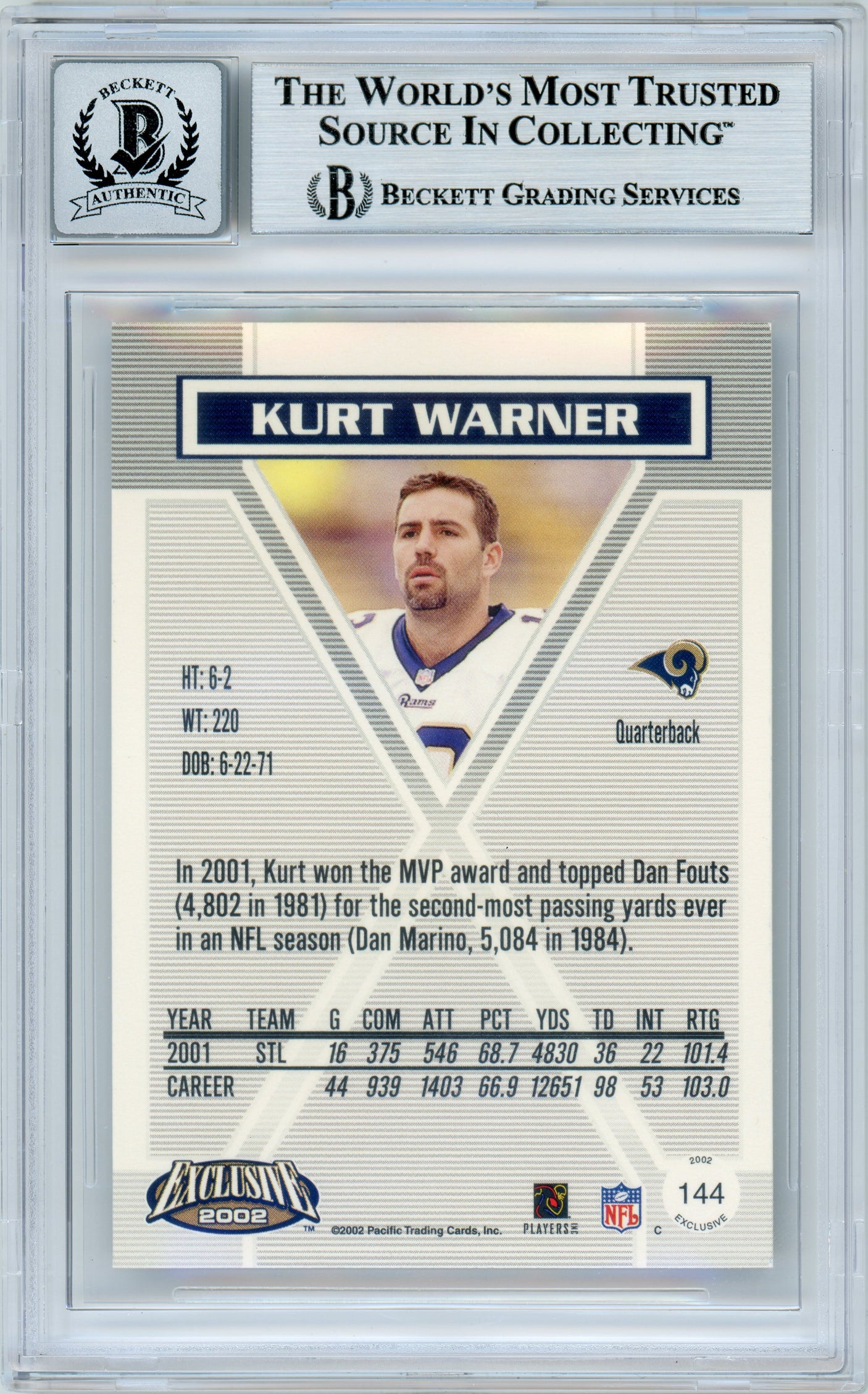 2002 Pacific Exclusive Gold #144 Kurt Warner Rams BGS Autograph 10
