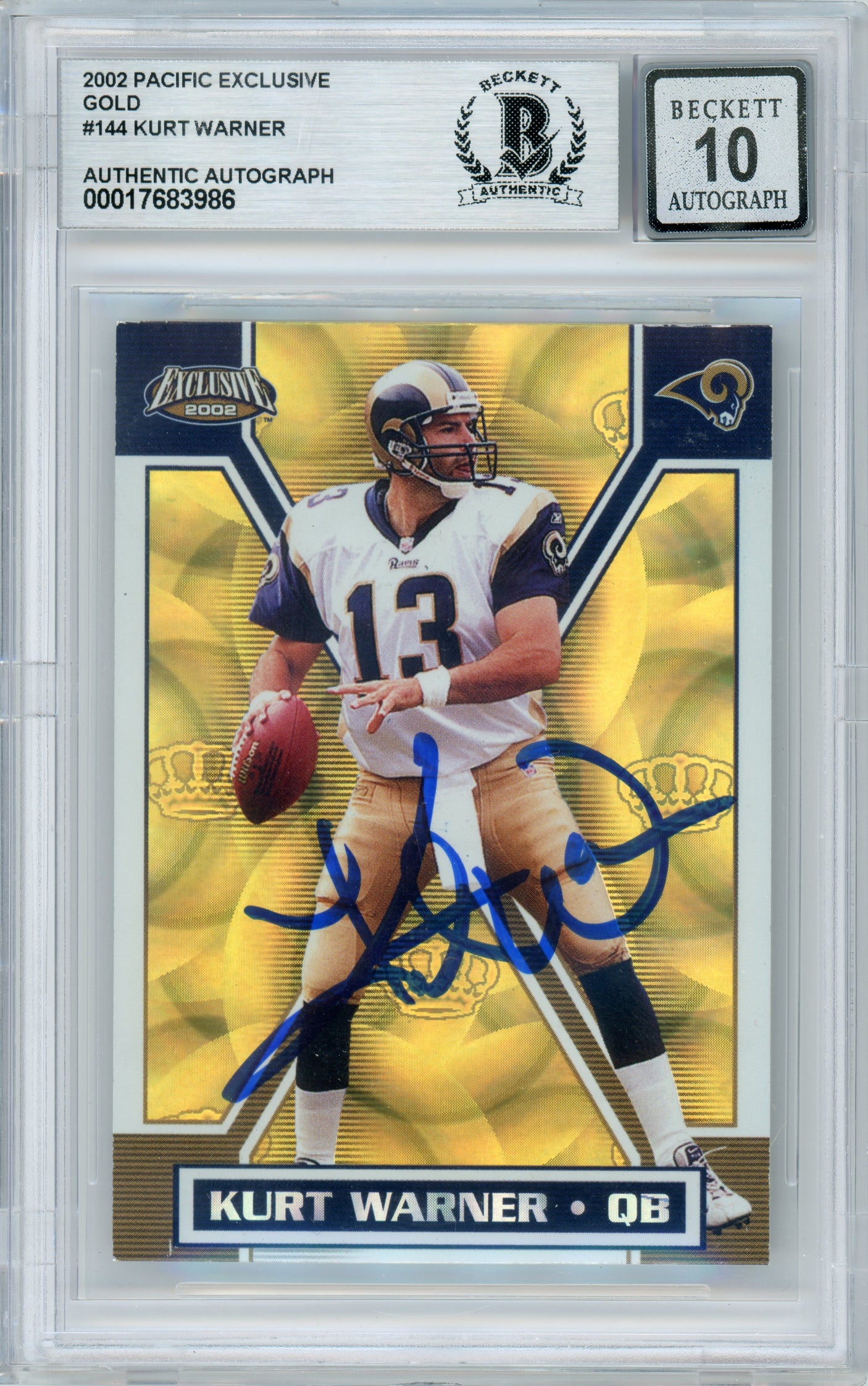 2002 Pacific Exclusive Gold #144 Kurt Warner Rams BGS Autograph 10
