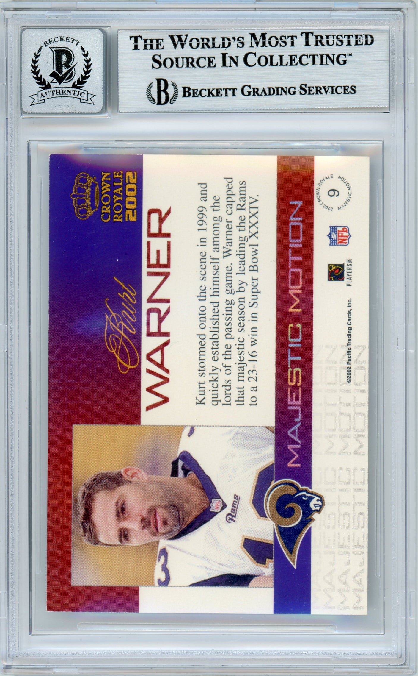 2002 Crown Royale Majestic Motion #9 Kurt Warner Rams BGS Autograph 10