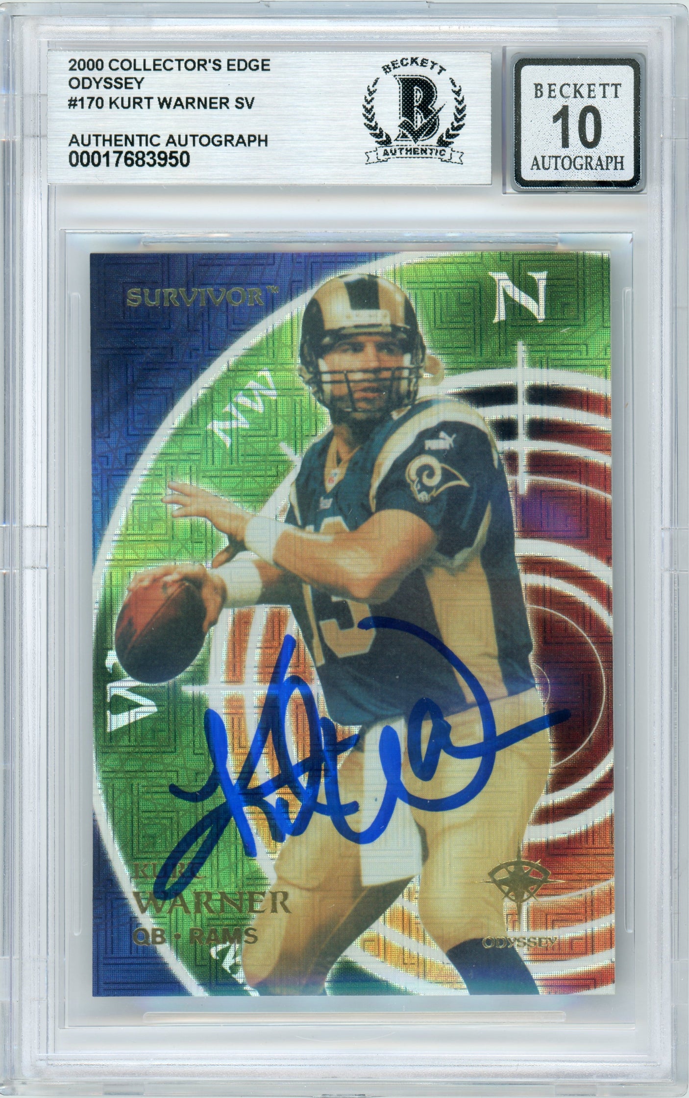 2000 Collector's Edge Odyssey Survivor #170 Kurt Warner /2500 Rams BGS Autograph 10