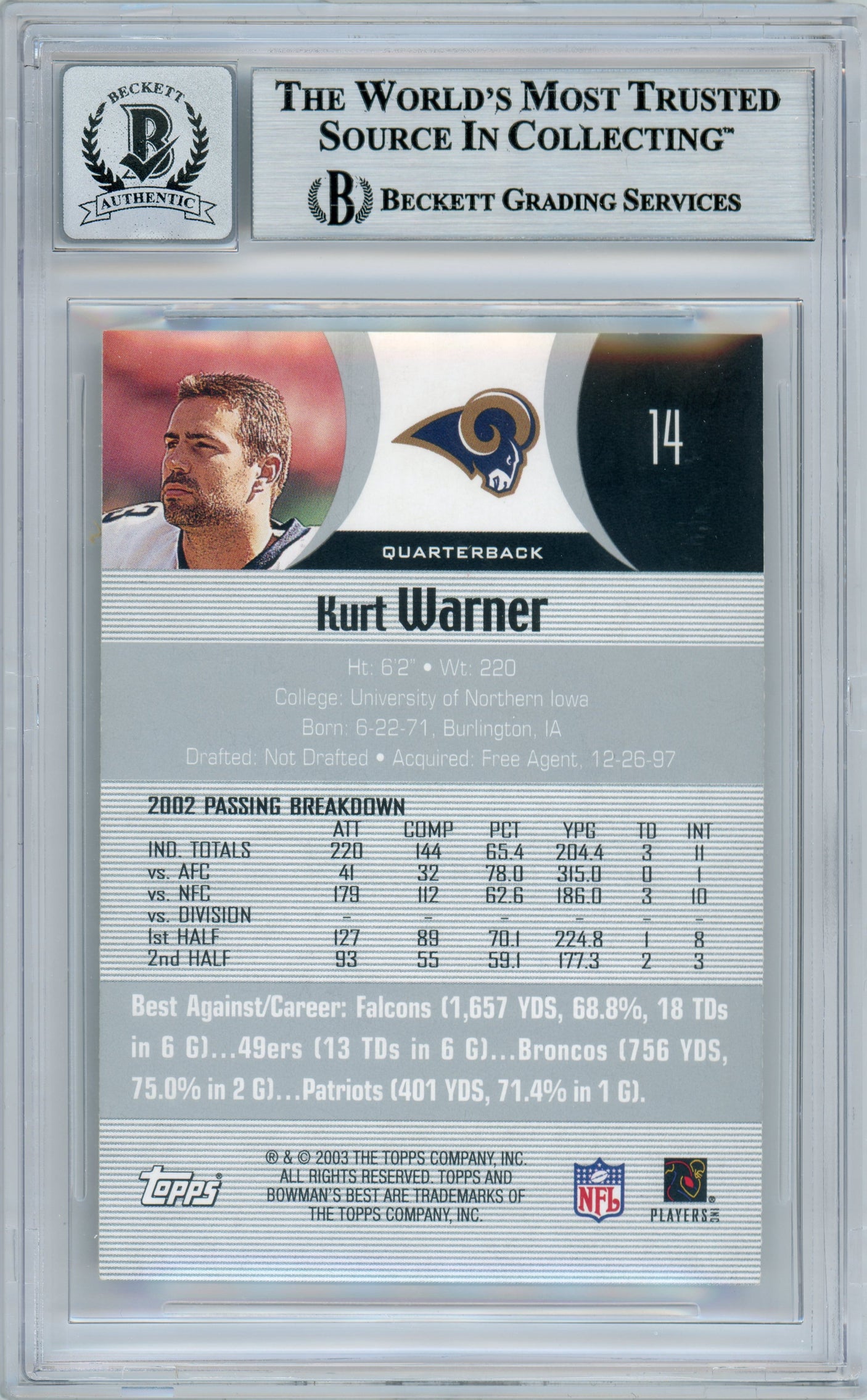 2003 Bowman's Best #14 Kurt Warner Rams BGS Autograph 10