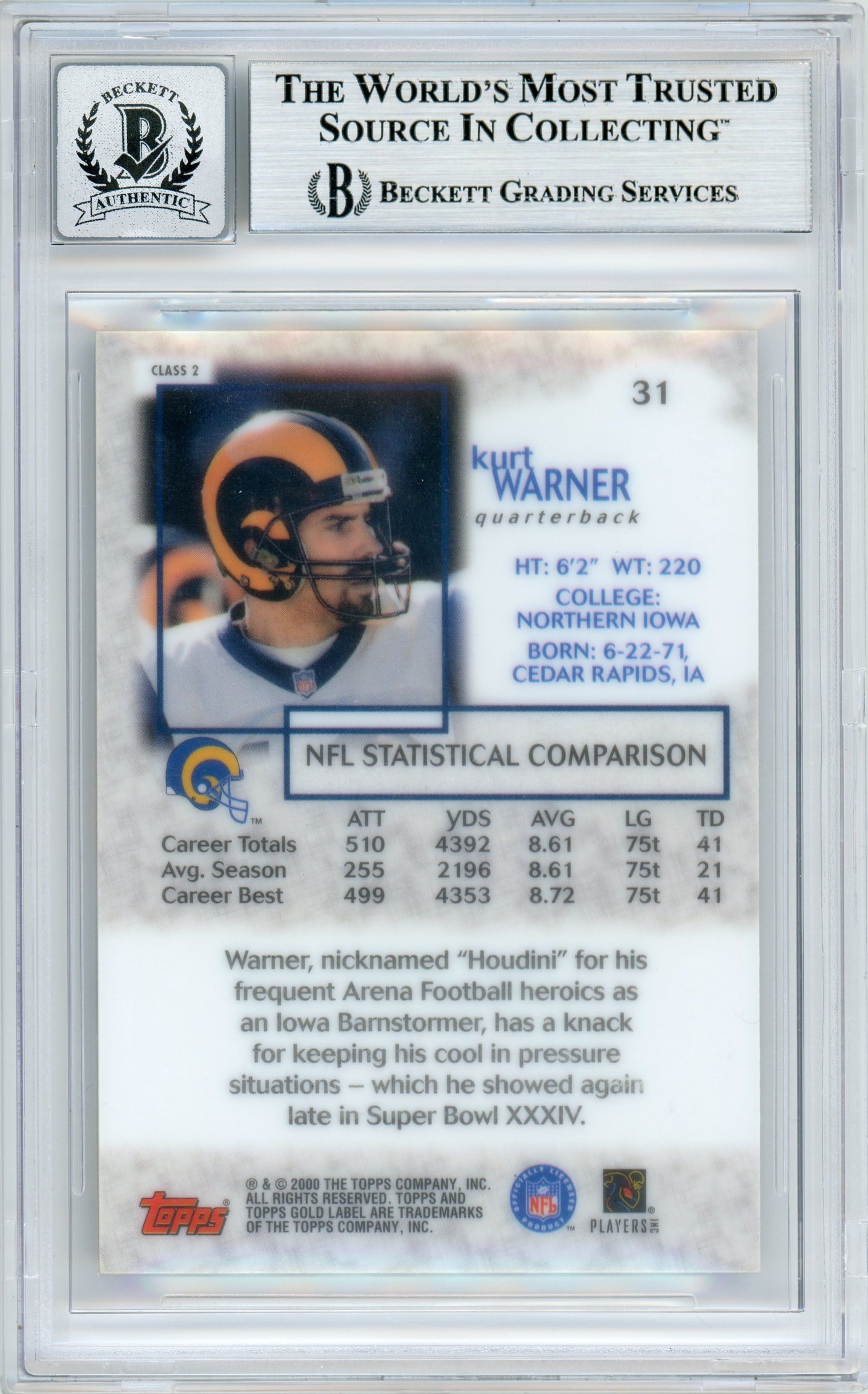 2000 Topps Gold Label Class 2 #31 Kurt Warner Rams BGS Autograph 10