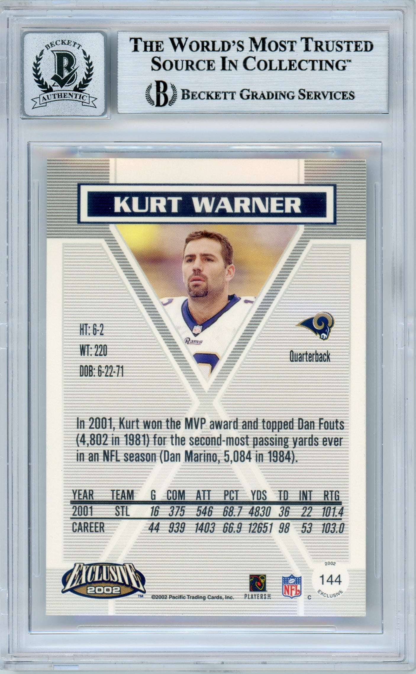 2002 Pacific Exclusive #144 Kurt Warner Rams BGS Autograph 10