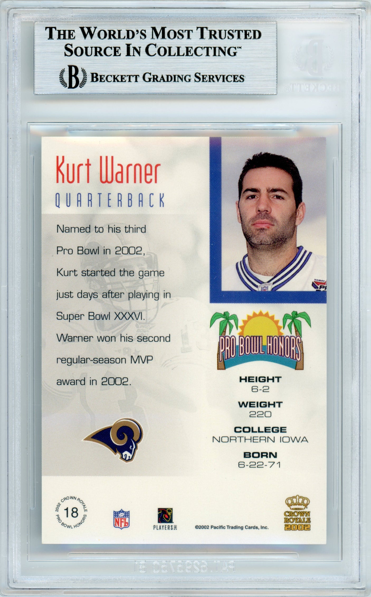 2002 Crown Royale Pro Bowl Honors #18 Kurt Warner Rams BGS Autograph