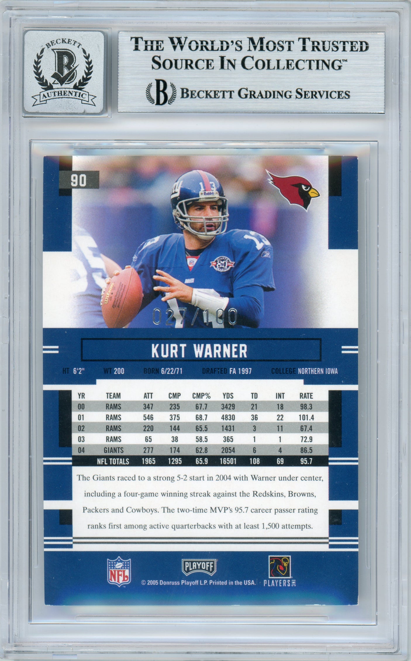 2005 Playoff Prestige Xtra Points Purple #90 Kurt Warner /100 Giants BGS Auto 10