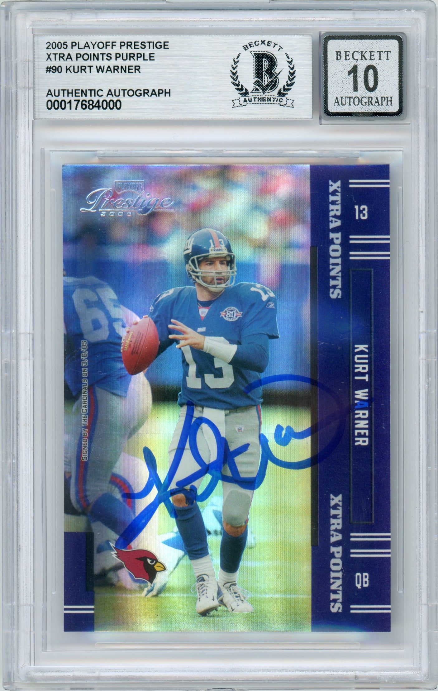2005 Playoff Prestige Xtra Points Purple #90 Kurt Warner /100 Giants BGS Auto 10