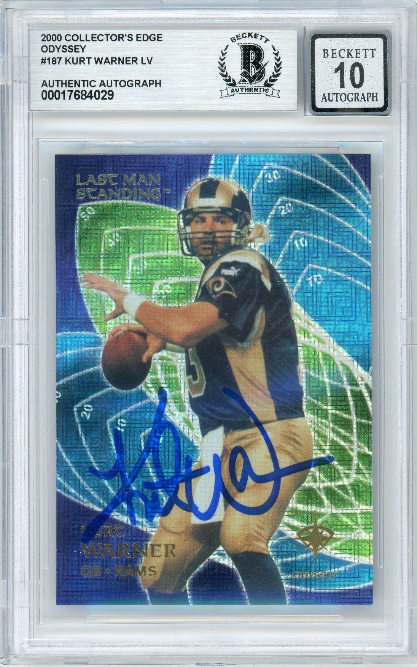 2000 Collector's Edge Odyssey Last Man Standing #187 Kurt Warner Rams BGS Autograph 10