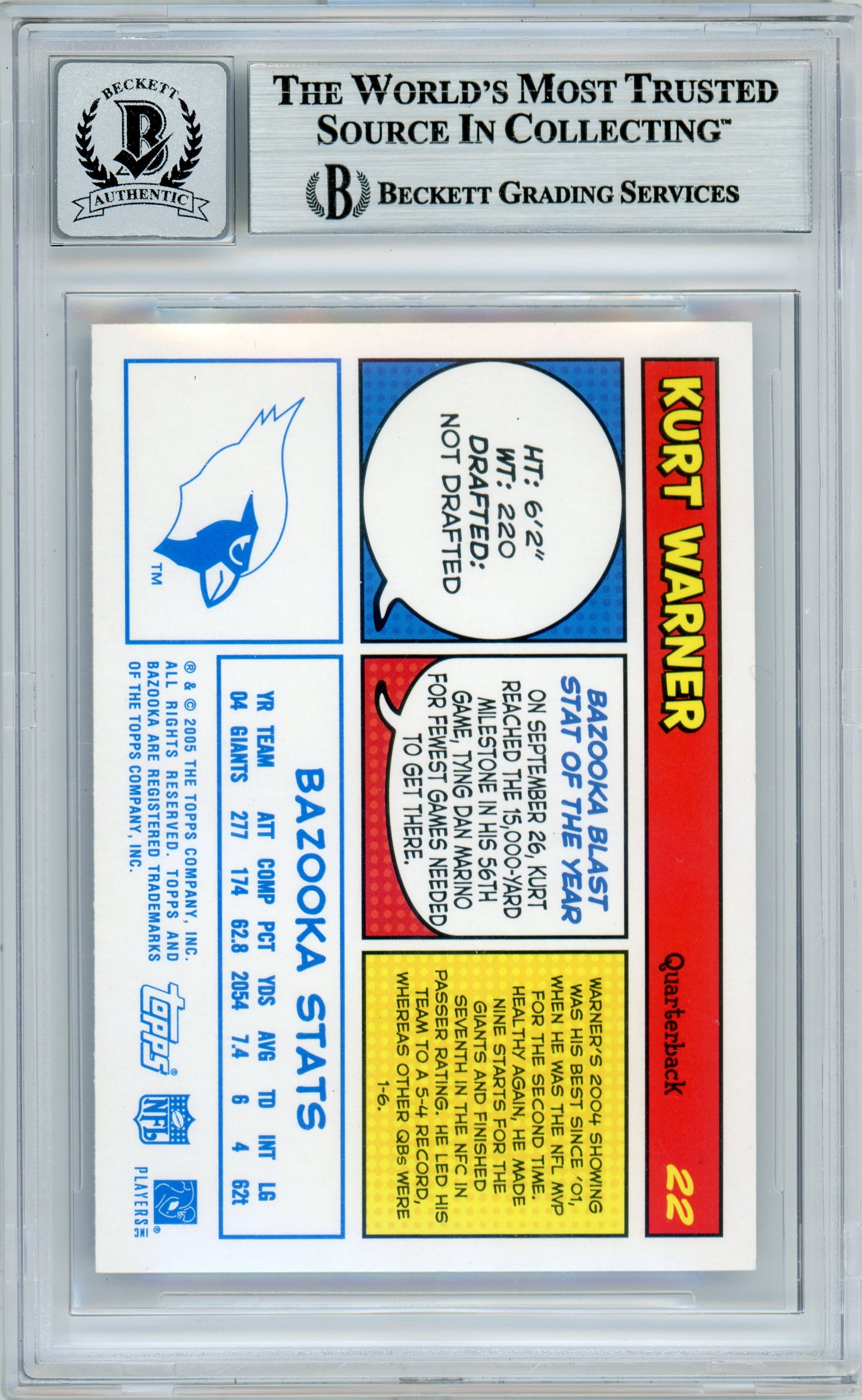 2005 Topps Bazooka Blue #22 Kurt Warner Cardinals BGS Autograph 10