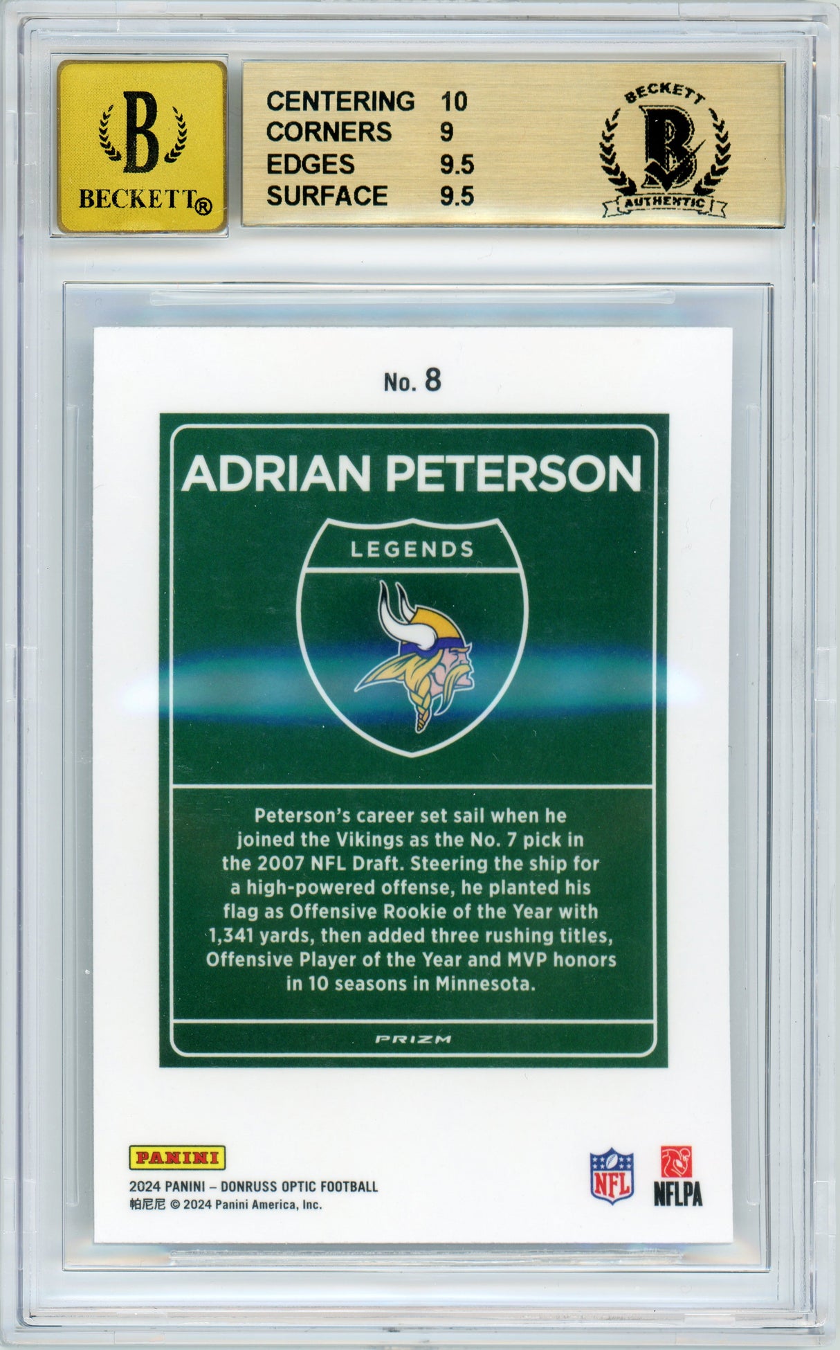 2024 Donruss Optic - Downtown Legends #8 Adrian Peterson Vikings "12 MVP" Inscr. BGS 9.5 Auto 10