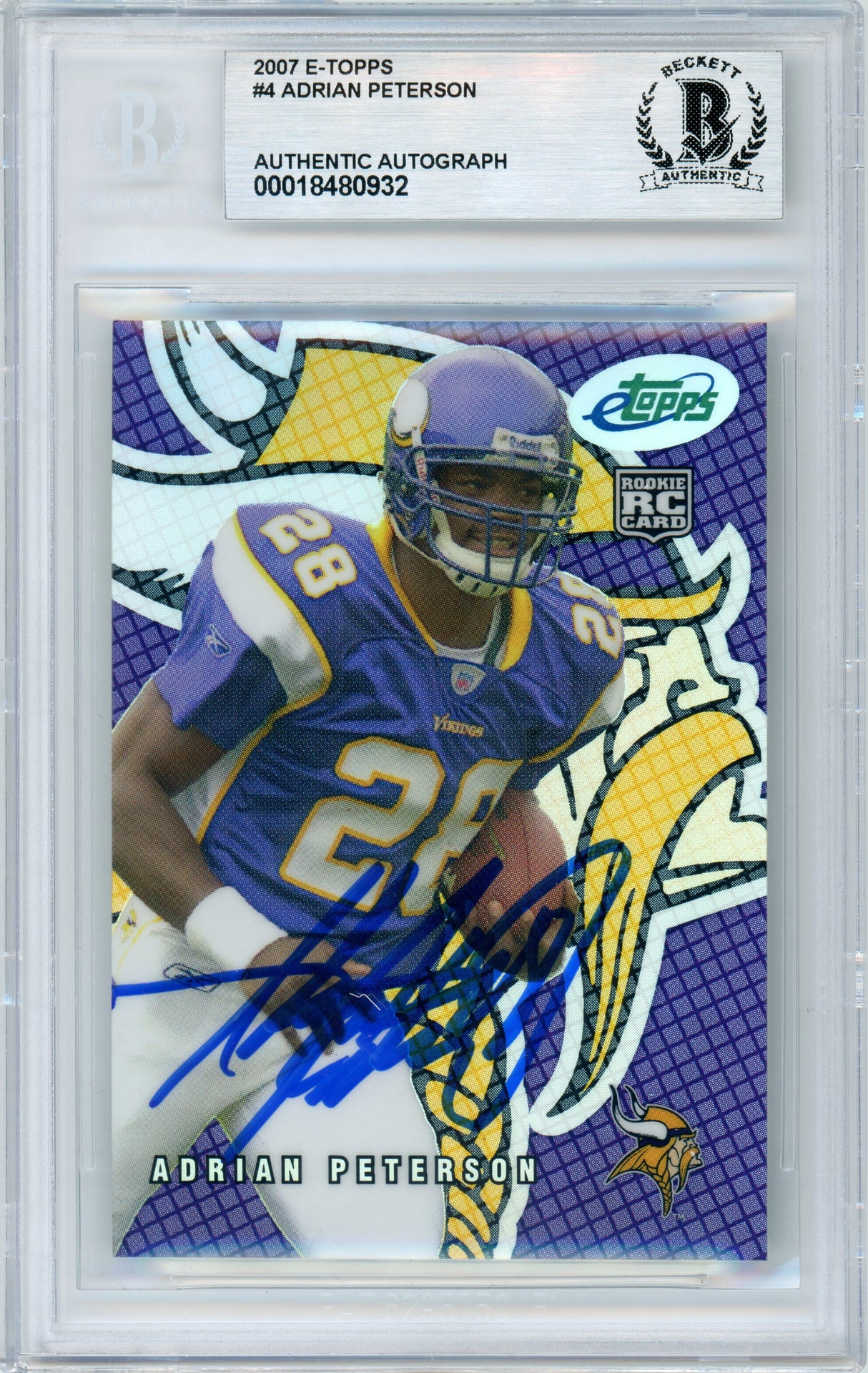 2007 E-Topps - Refractor /1999 #4 Adrian Peterson Rookie Vikings BGS Autograph