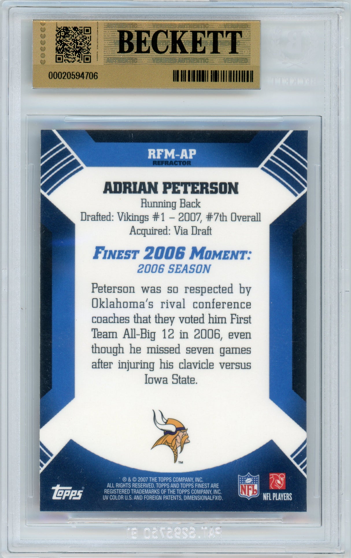 2007 Topps Finest - Finest Moments Refractor #RFM-AP Adrian Peterson RC Vikings BGS 9.5 Auto 10