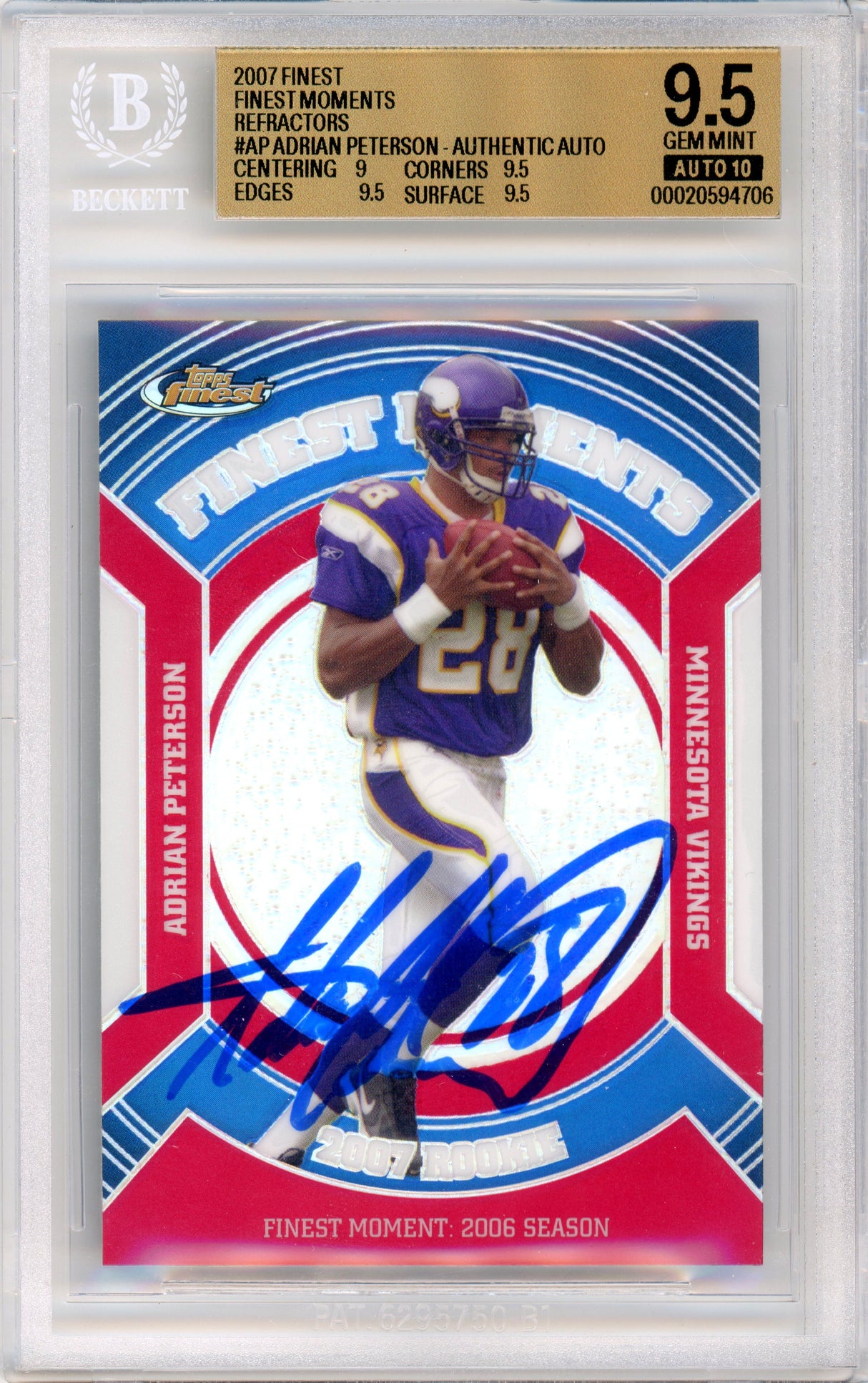 2007 Topps Finest - Finest Moments Refractor #RFM-AP Adrian Peterson RC Vikings BGS 9.5 Auto 10