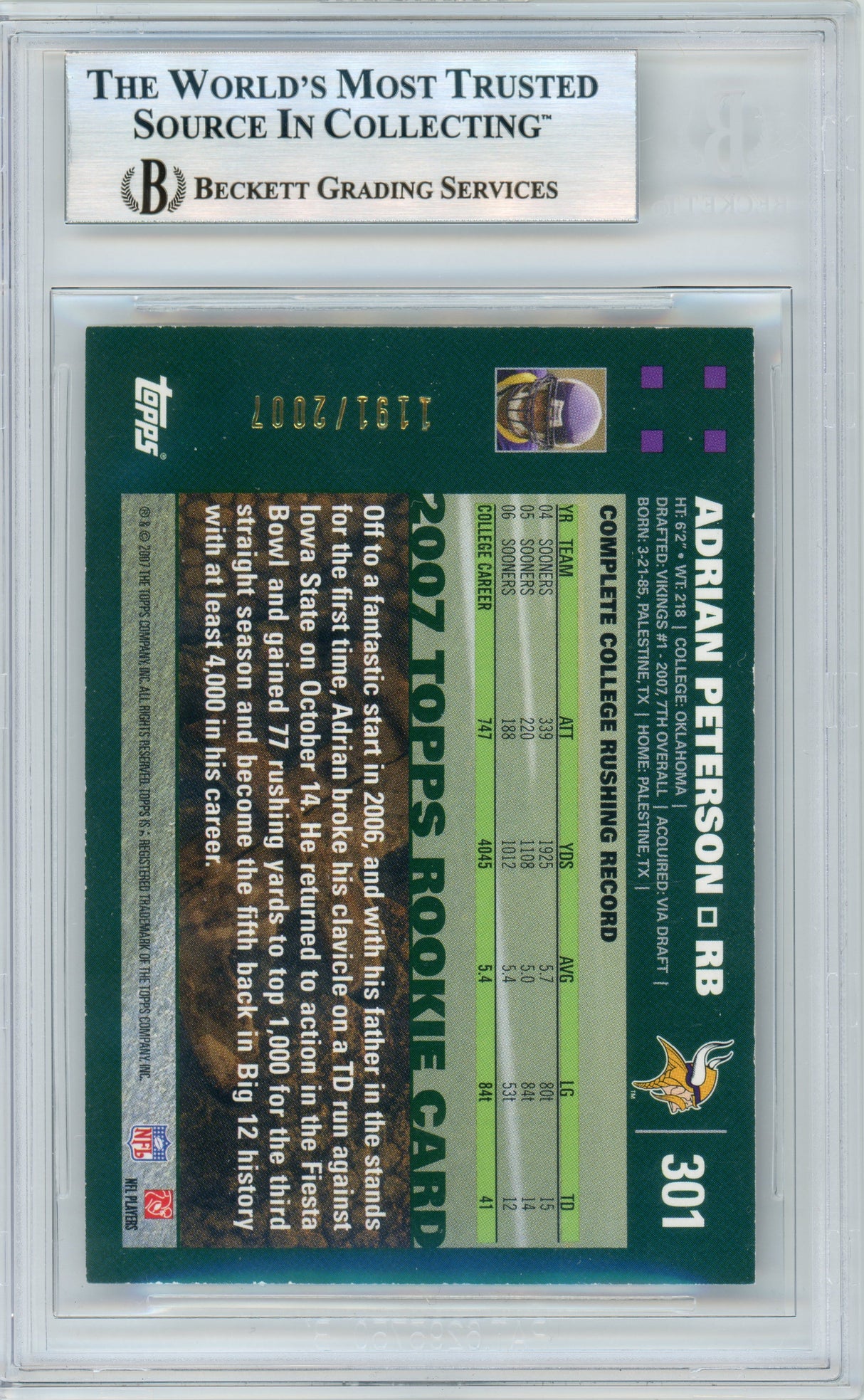 2007 Topps - Copper /2007 #301 Adrian Peterson Rookie BGS Autograph