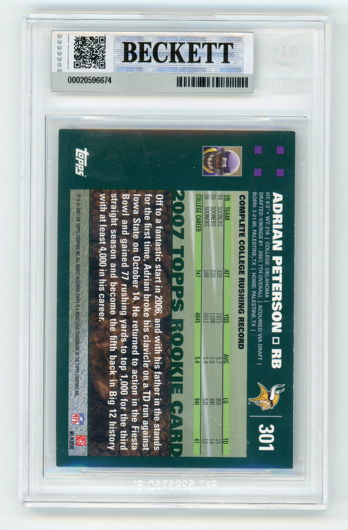 2007 Topps #301 Adrian Peterson Rookie BGS Autograph 10