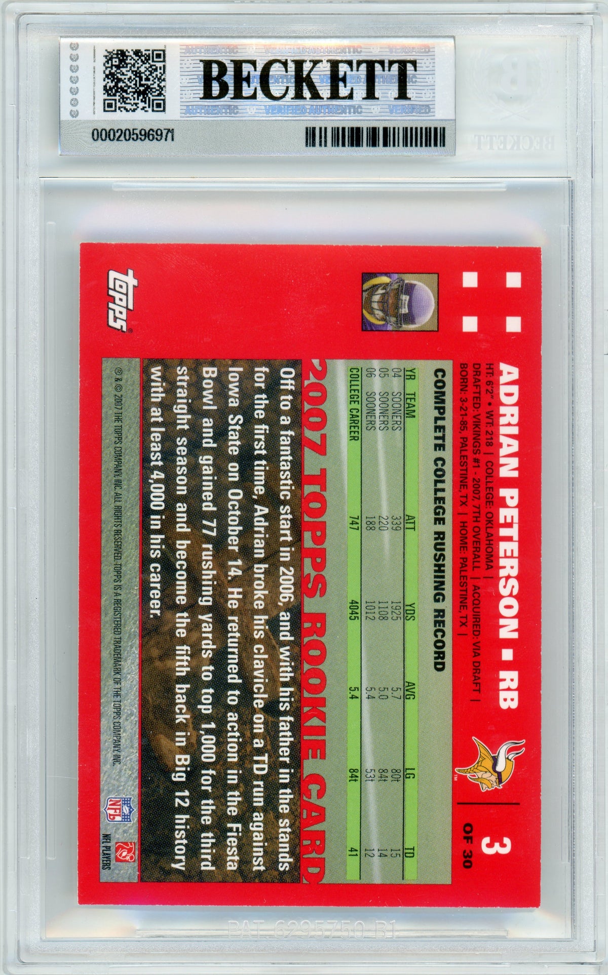 2007 Topps - Exclusive Rookies Relic Wht #3 Adrian Peterson RC Vikings BGS Auto 10