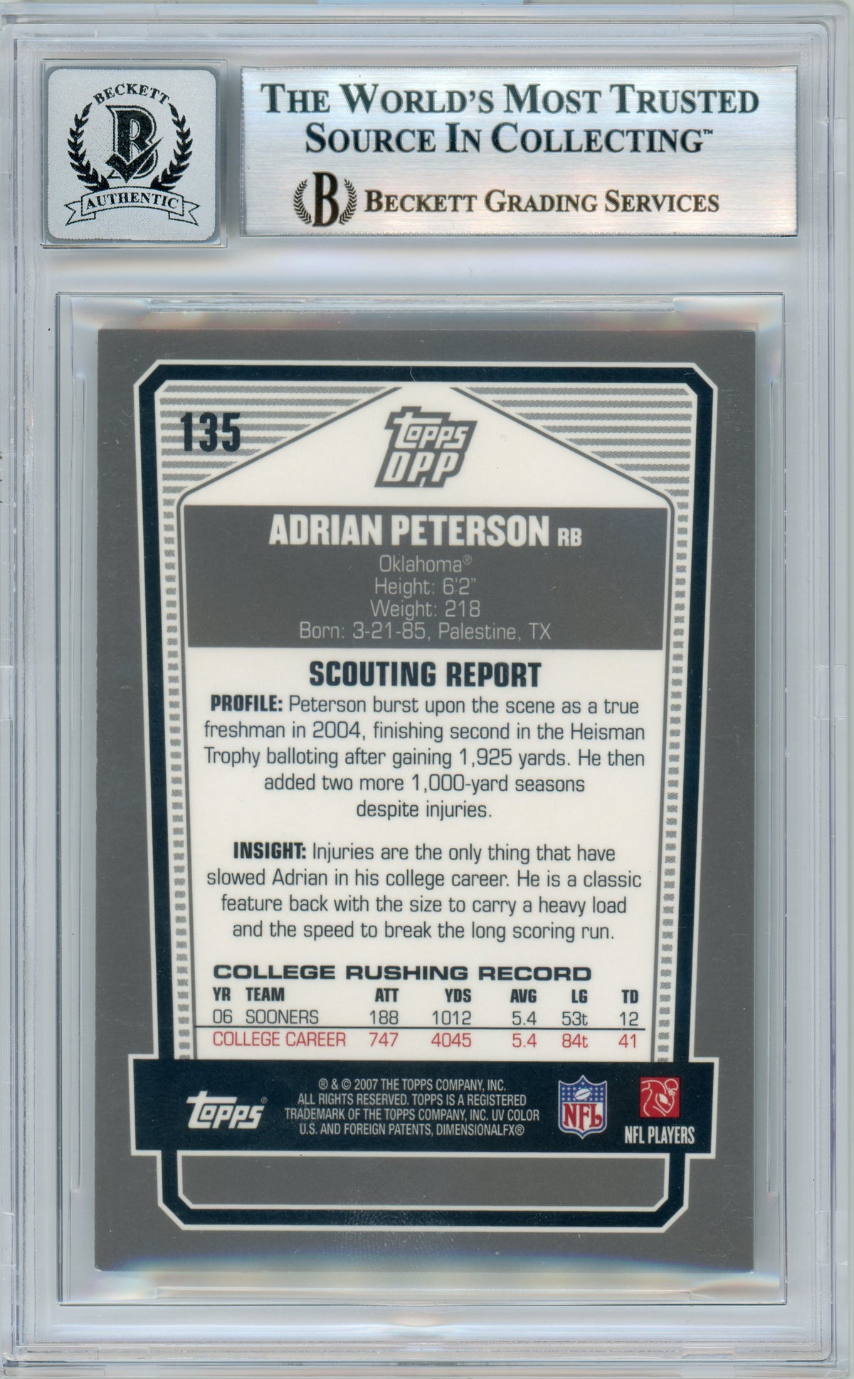2007 Topps DPP Chrome - Black #135 Adrian Peterson Rookie Oklahoma BGS Autograph 10