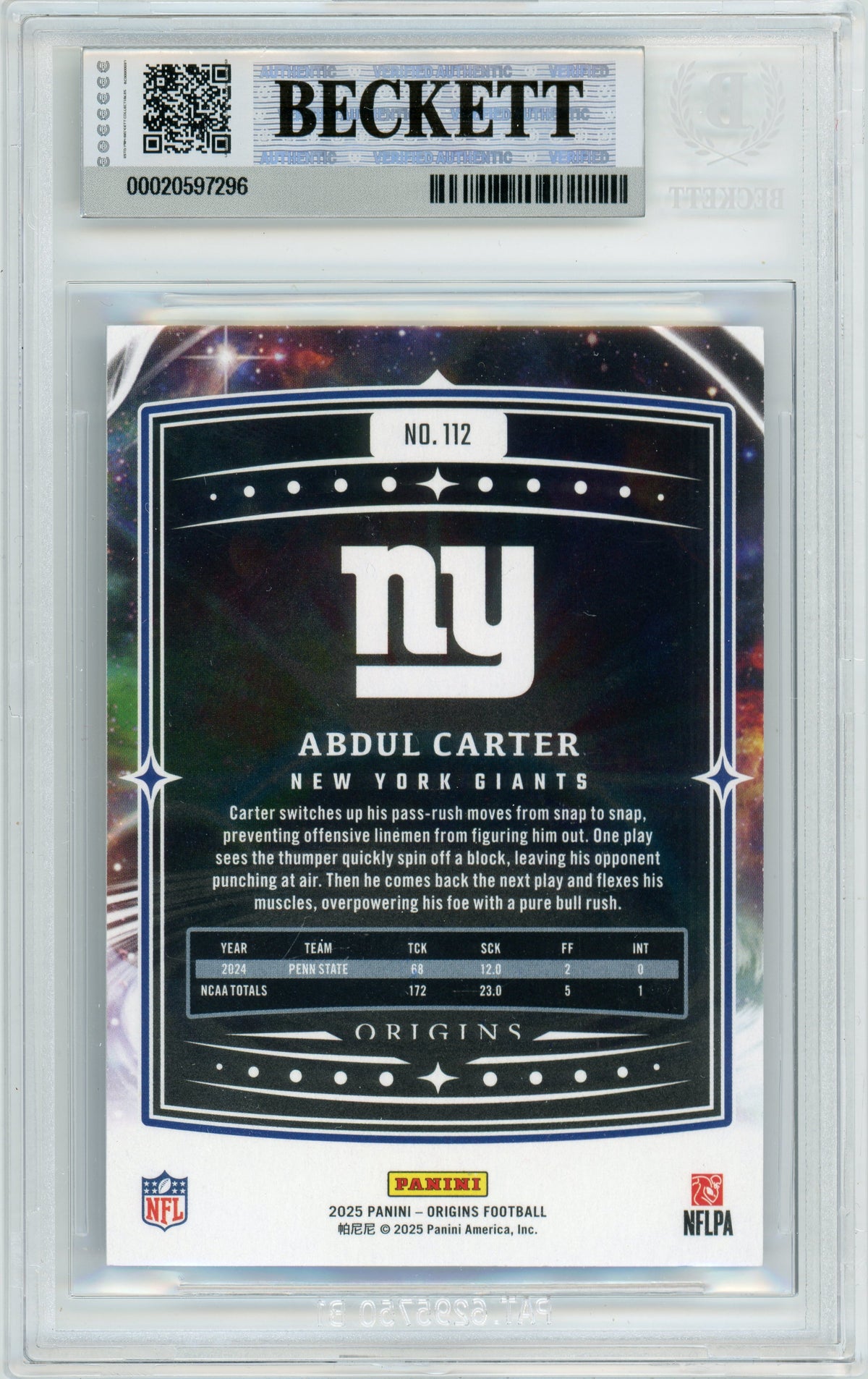 2025 Origins - Blue Holo /199 #112 Abdul Carter Rookie New York Giants BGS Auto 10