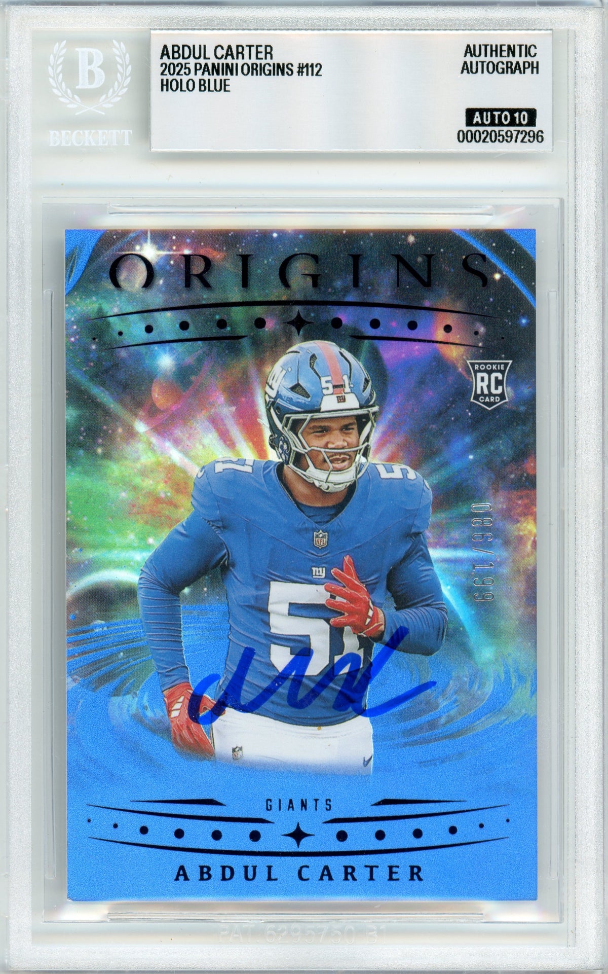 2025 Origins - Blue Holo /199 #112 Abdul Carter Rookie New York Giants BGS Auto 10