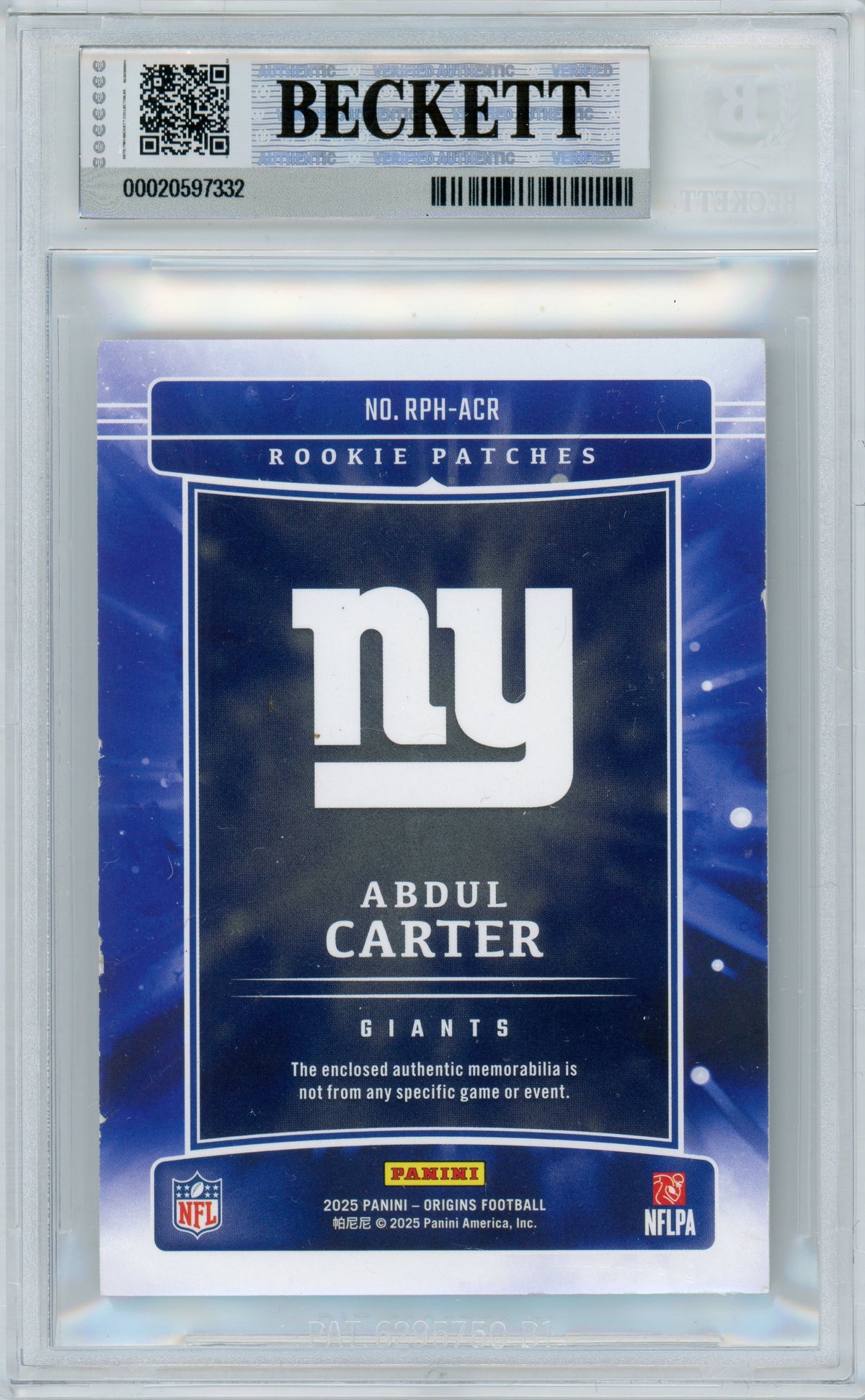 2025 Origins - Rookie Patches /199 #RPH-ACR Abdul Carter RC Giants BGS Autograph 10