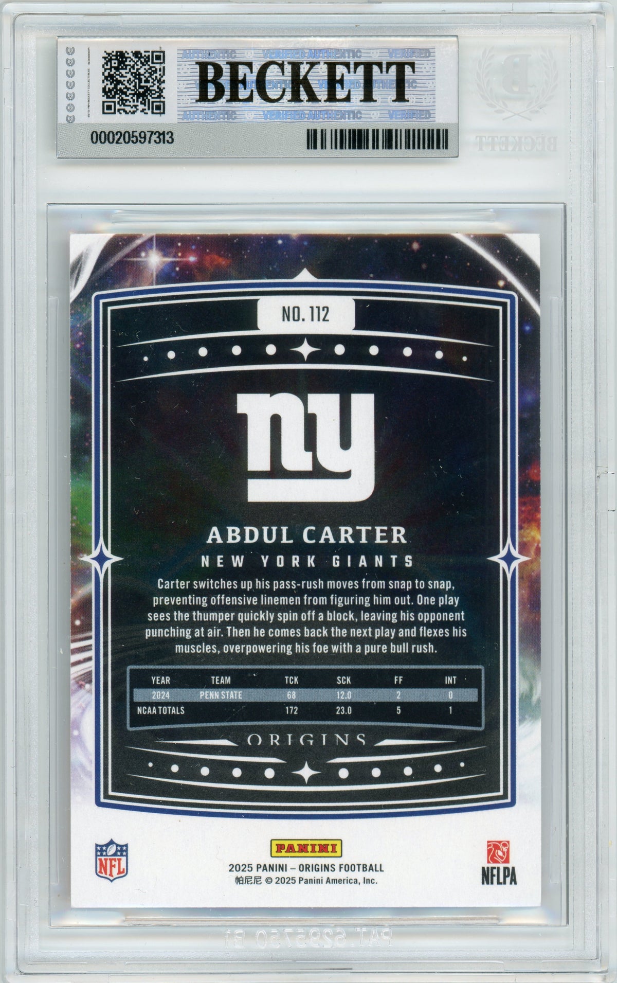 2025 Origins - Orange Holo /249 #112 Abdul Carter RC New York Giants BGS Autograph 10