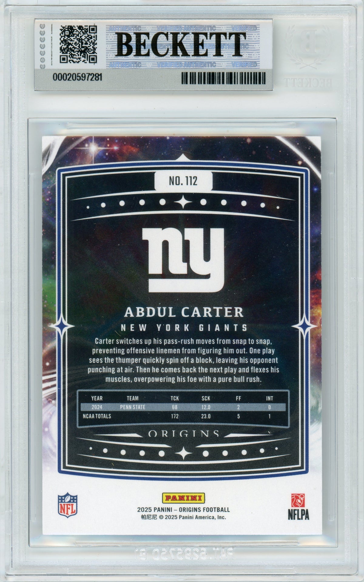 2025 Origins #112 Abdul Carter Rookie New York Giants BGS Autograph 10
