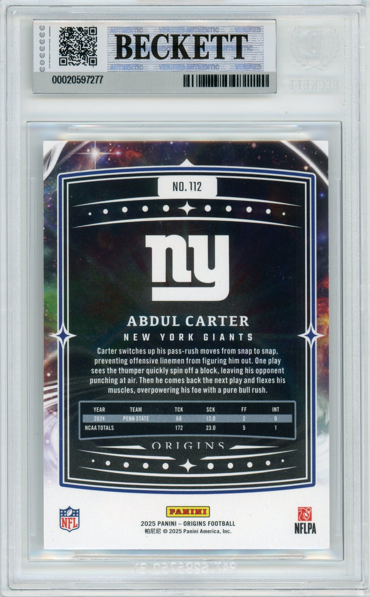 2025 Origins #112 Abdul Carter Rookie New York Giants BGS Autograph 10