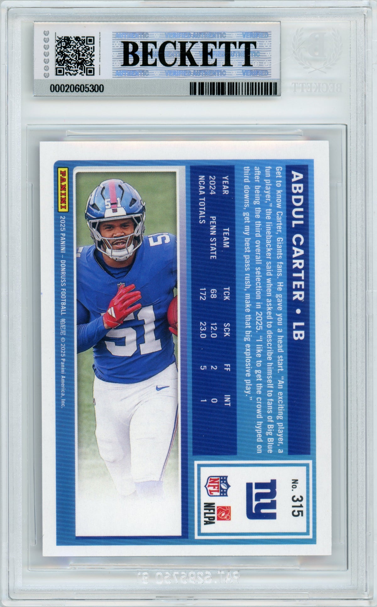 2025 Donruss - Purple Press Proof #315 Abdul Carter RC New York Giants BGS Autograph