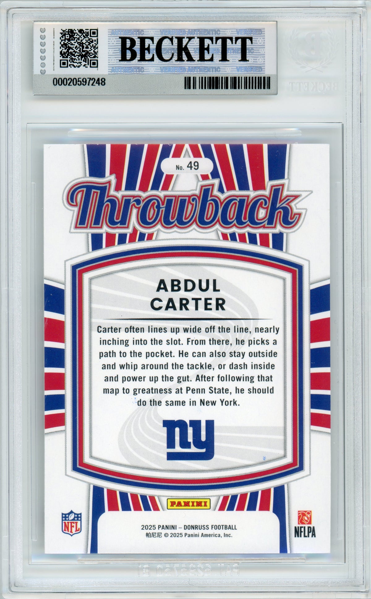 2025 Donruss - Throwback #49 Abdul Carter RC New York Giants BGS Autograph 10